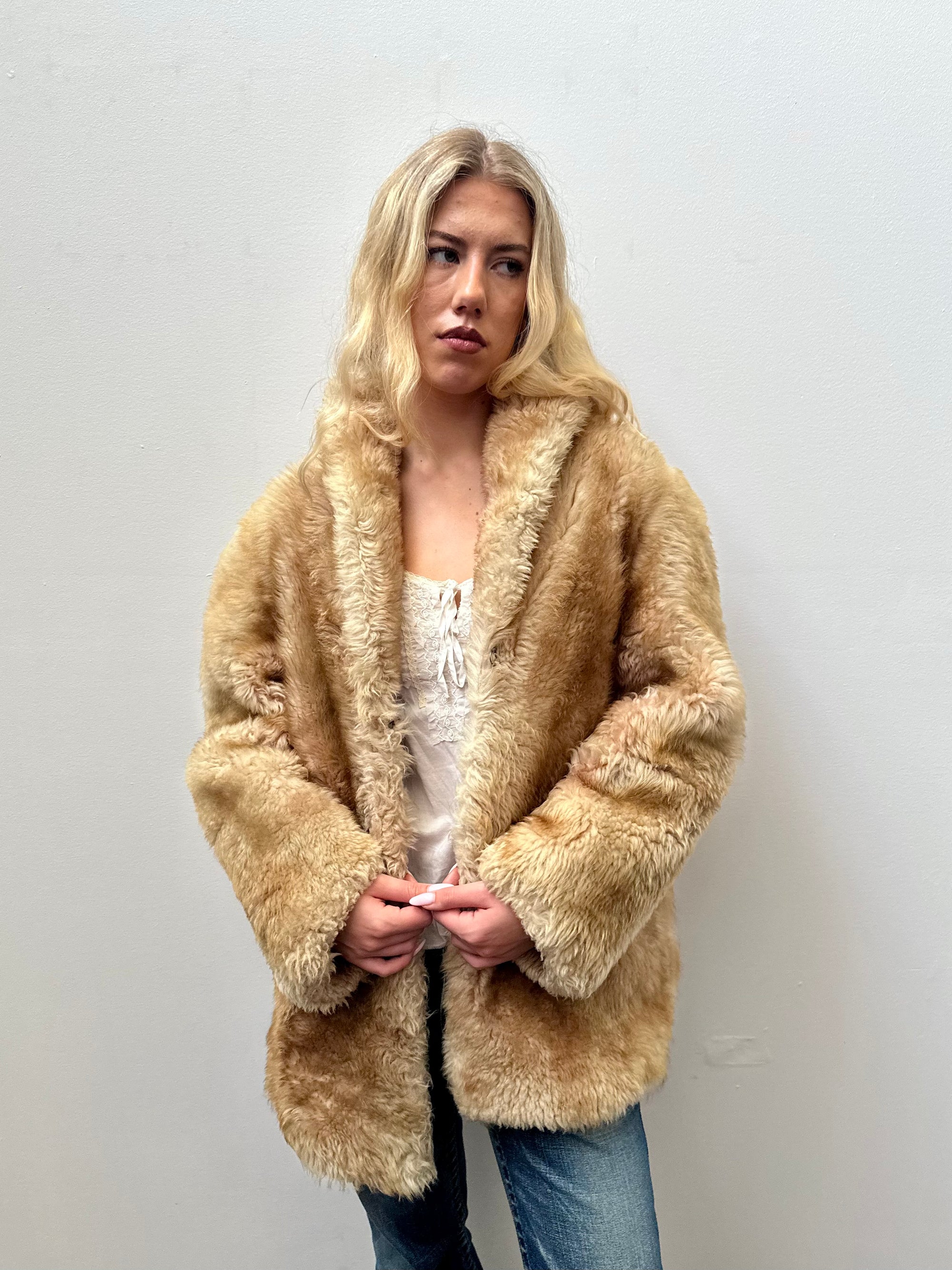 Tan Real Fur Coat - Size L