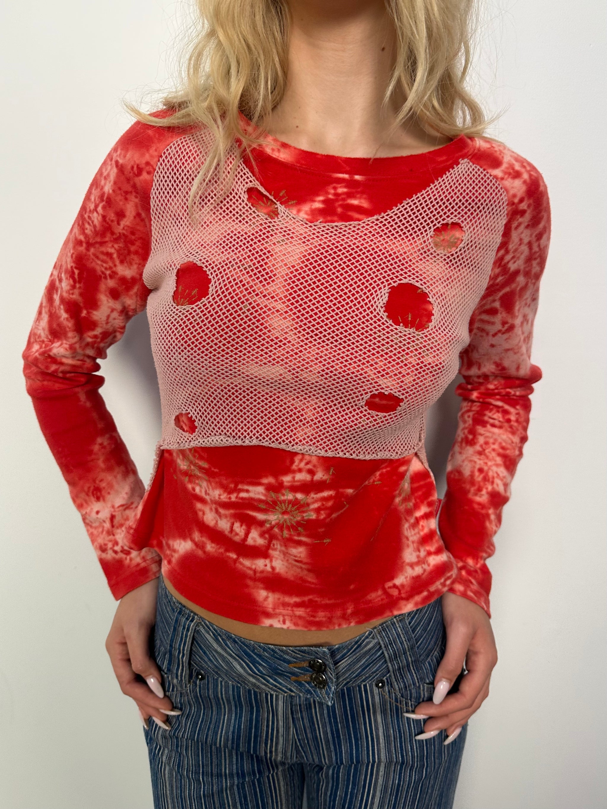 Red Tie Dye Mesh detail Long Sleeve Top - Size S