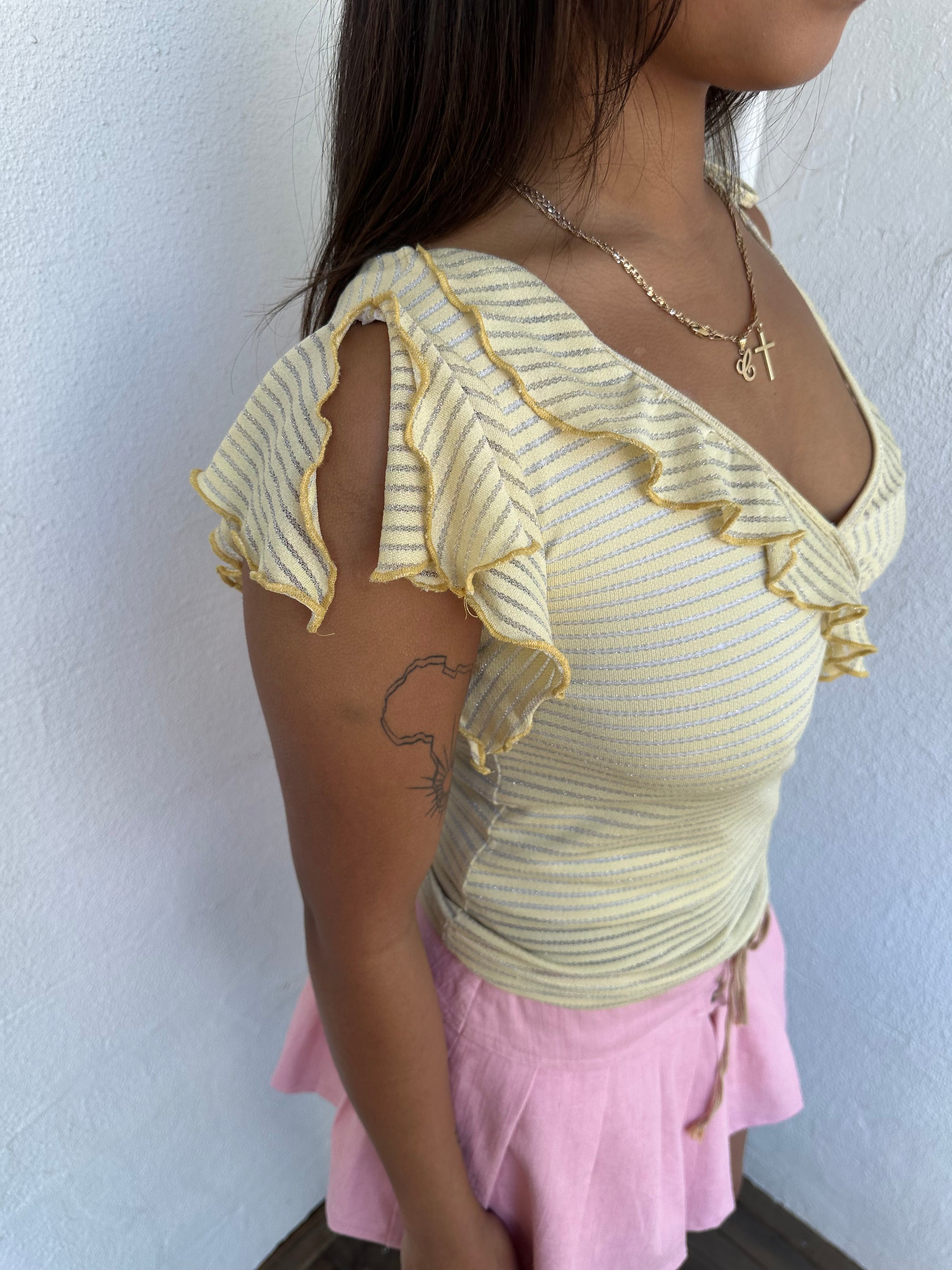 Asymmetric Yellow & Silver Stripe Top