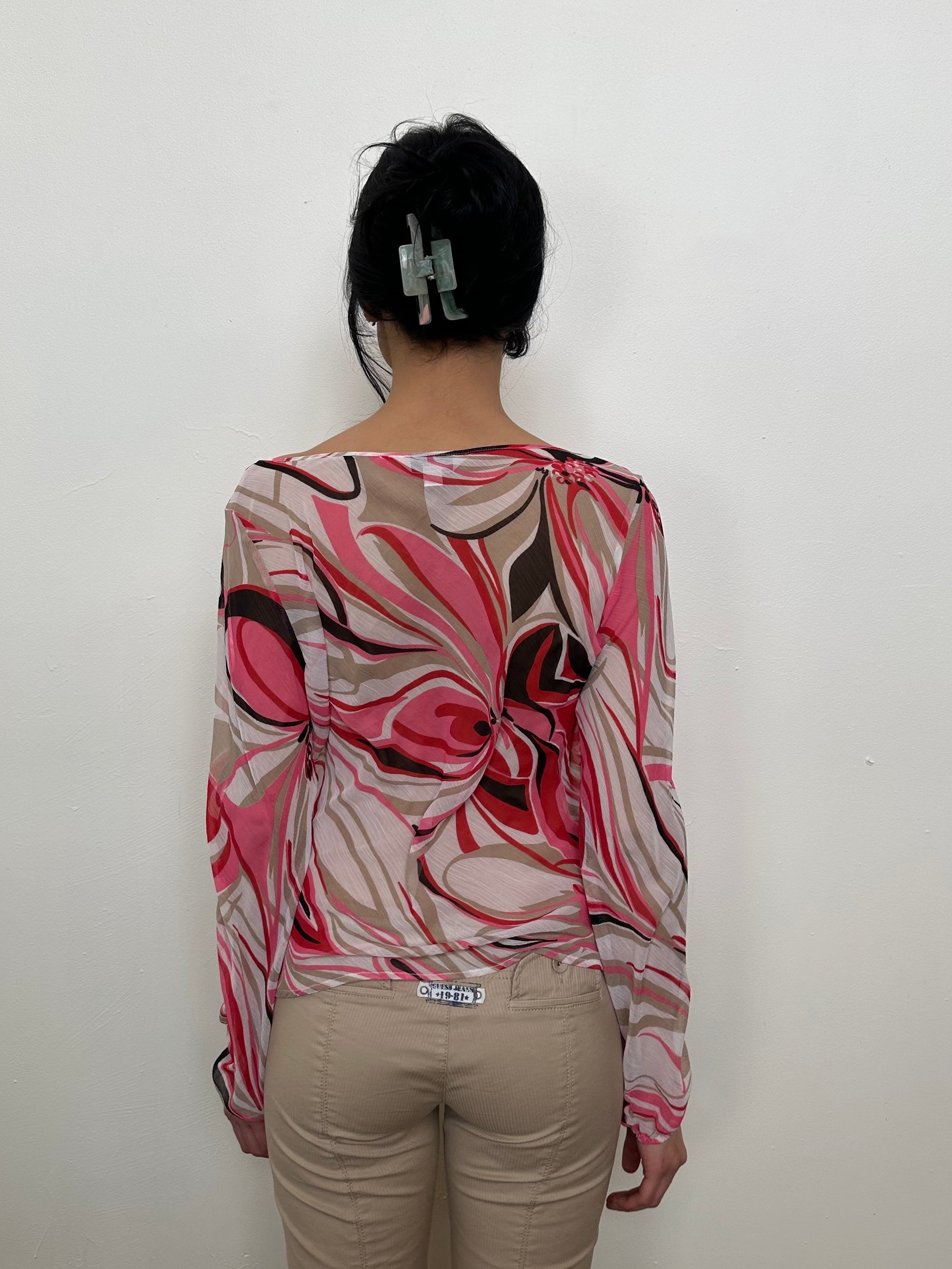 Pink Abstract Swirl Pattern Sheer Blouse - Size 14