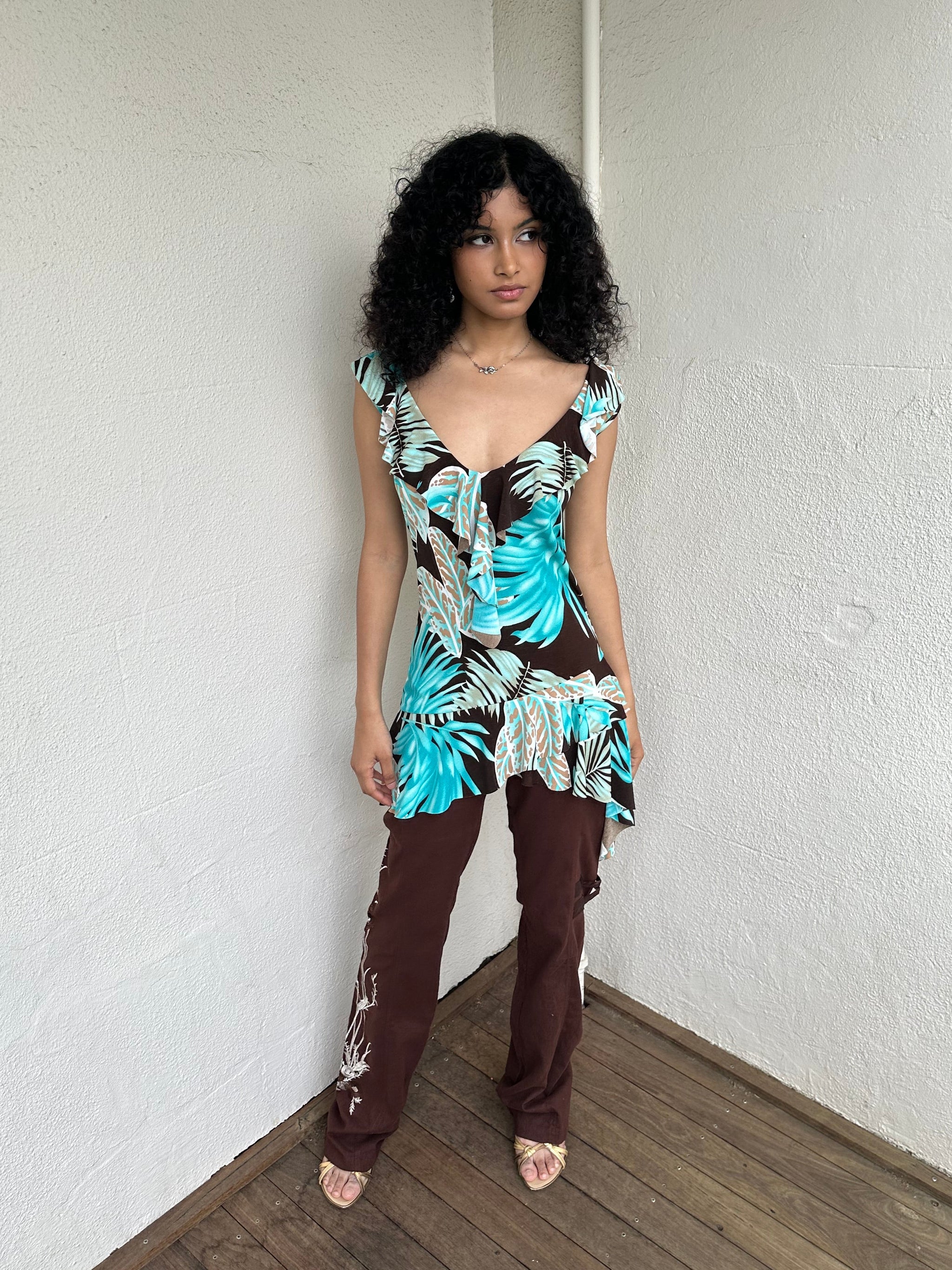 Aqua & Brown Tropical Print Backless Mini Dress - Size M