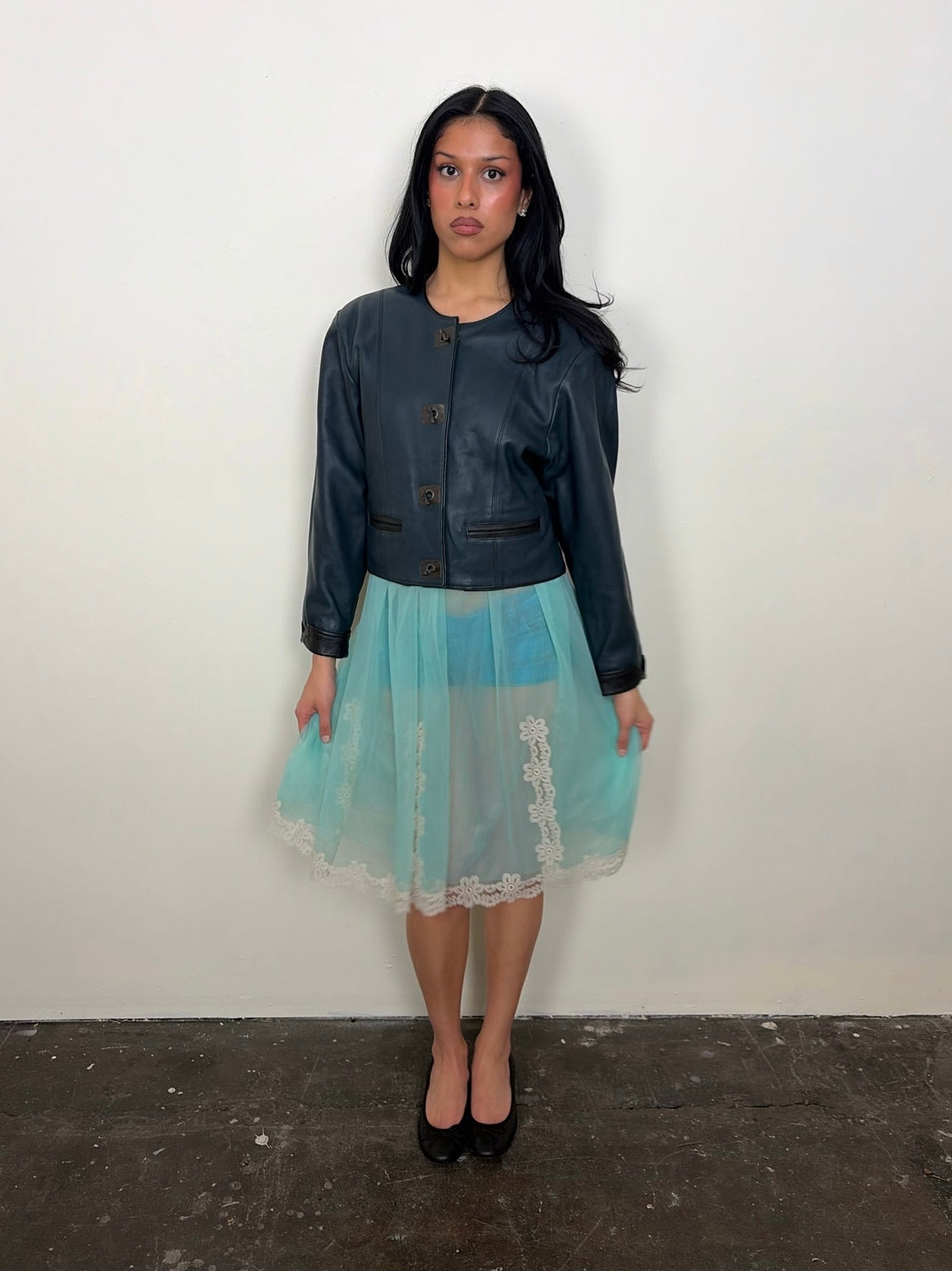 Teal Oversized Shape Leather Jacket - Size L