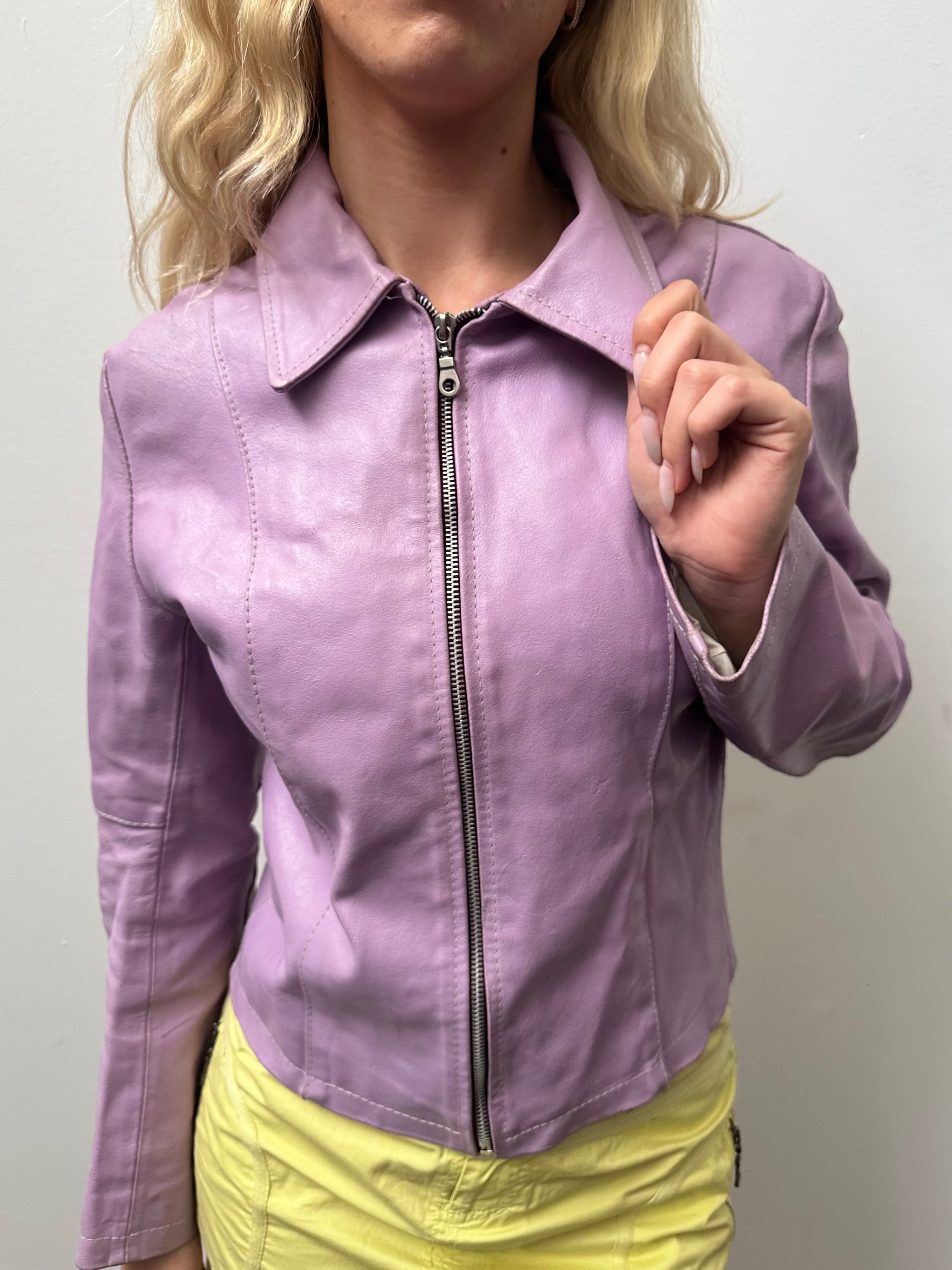 Lilac Collared Leather Jacket - Size M