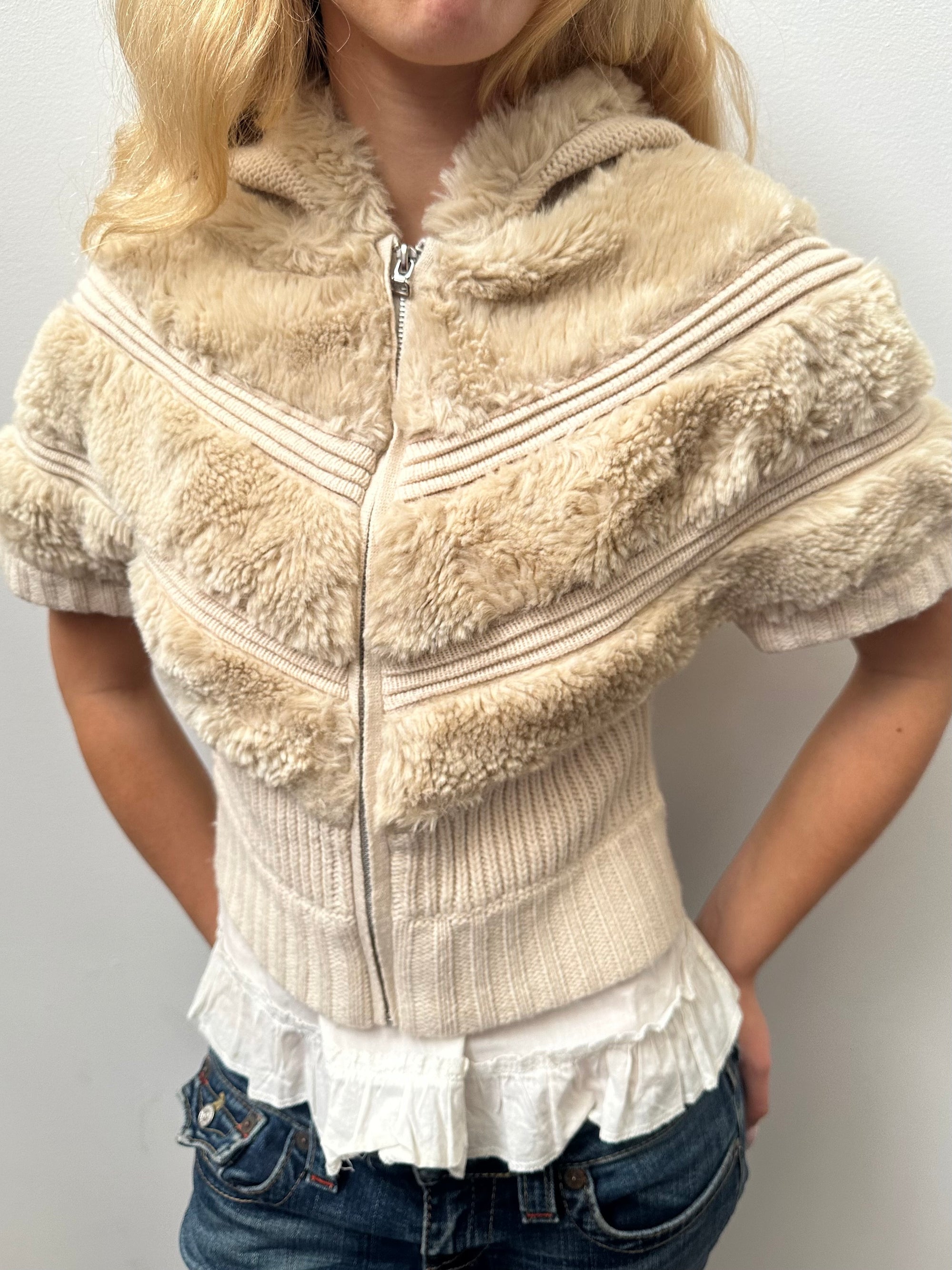 Cream Faux Fur Knitted Hoodie - Size S