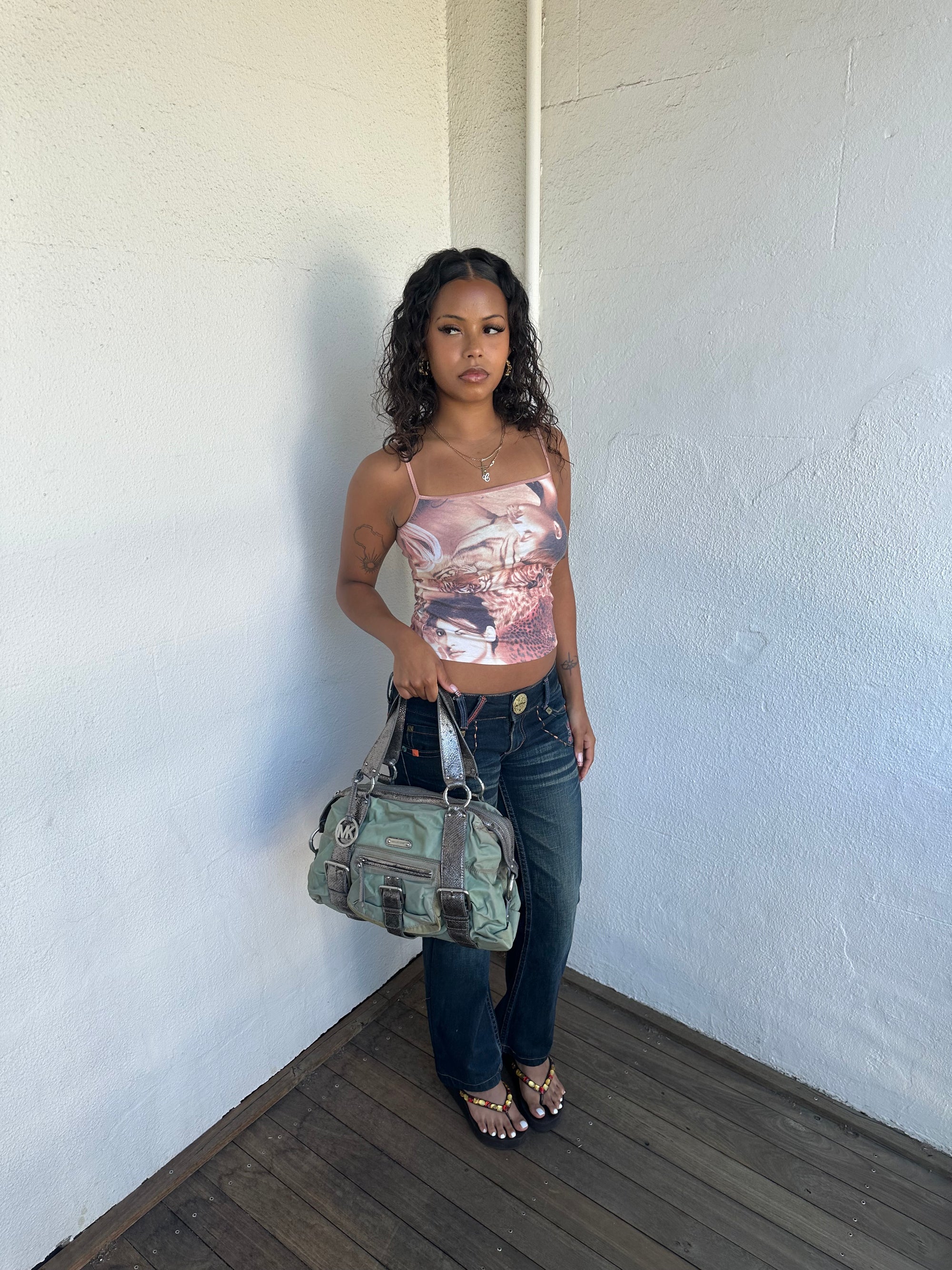 00s Michael Kors Green Metallic Nylon Handbag