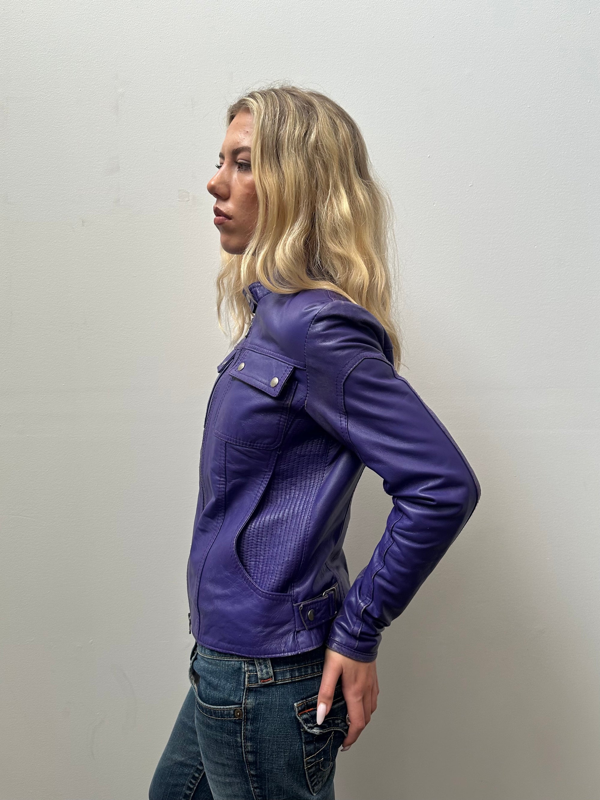 Purple Leather Biker Jacket - Size M