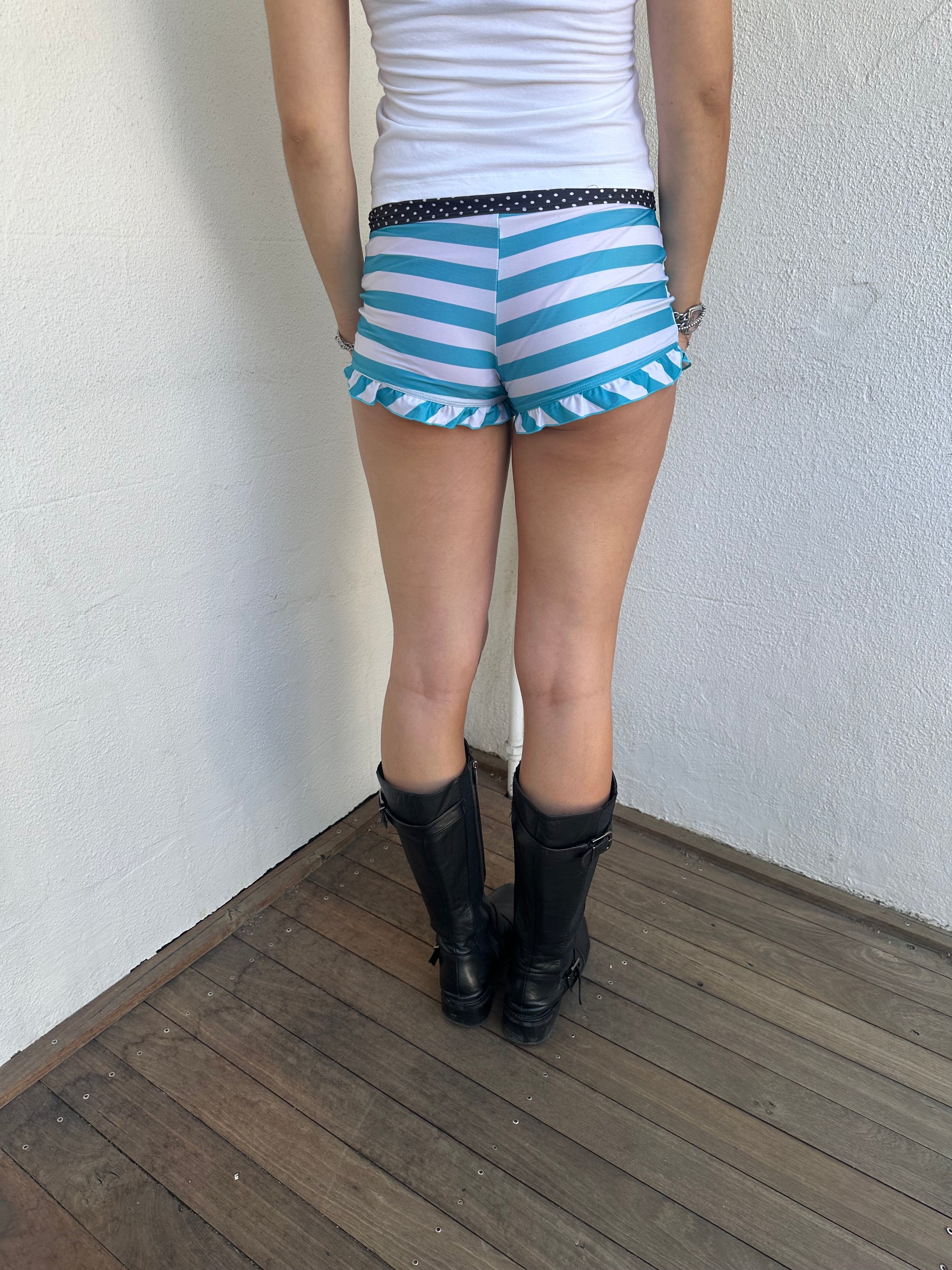 Blue & White Stripe Frill Booty Shorts - Size S