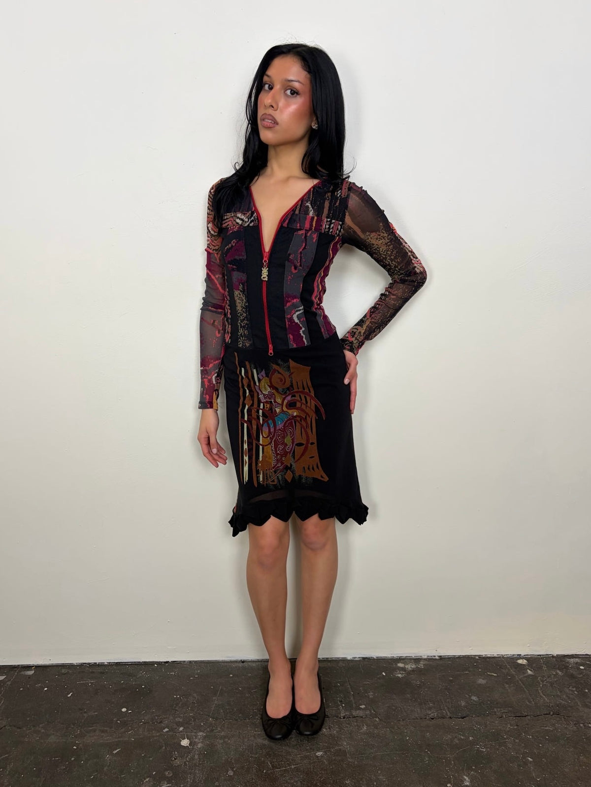 Save The Queen Black & Multicoloured Printed Mesh Dress - Size M