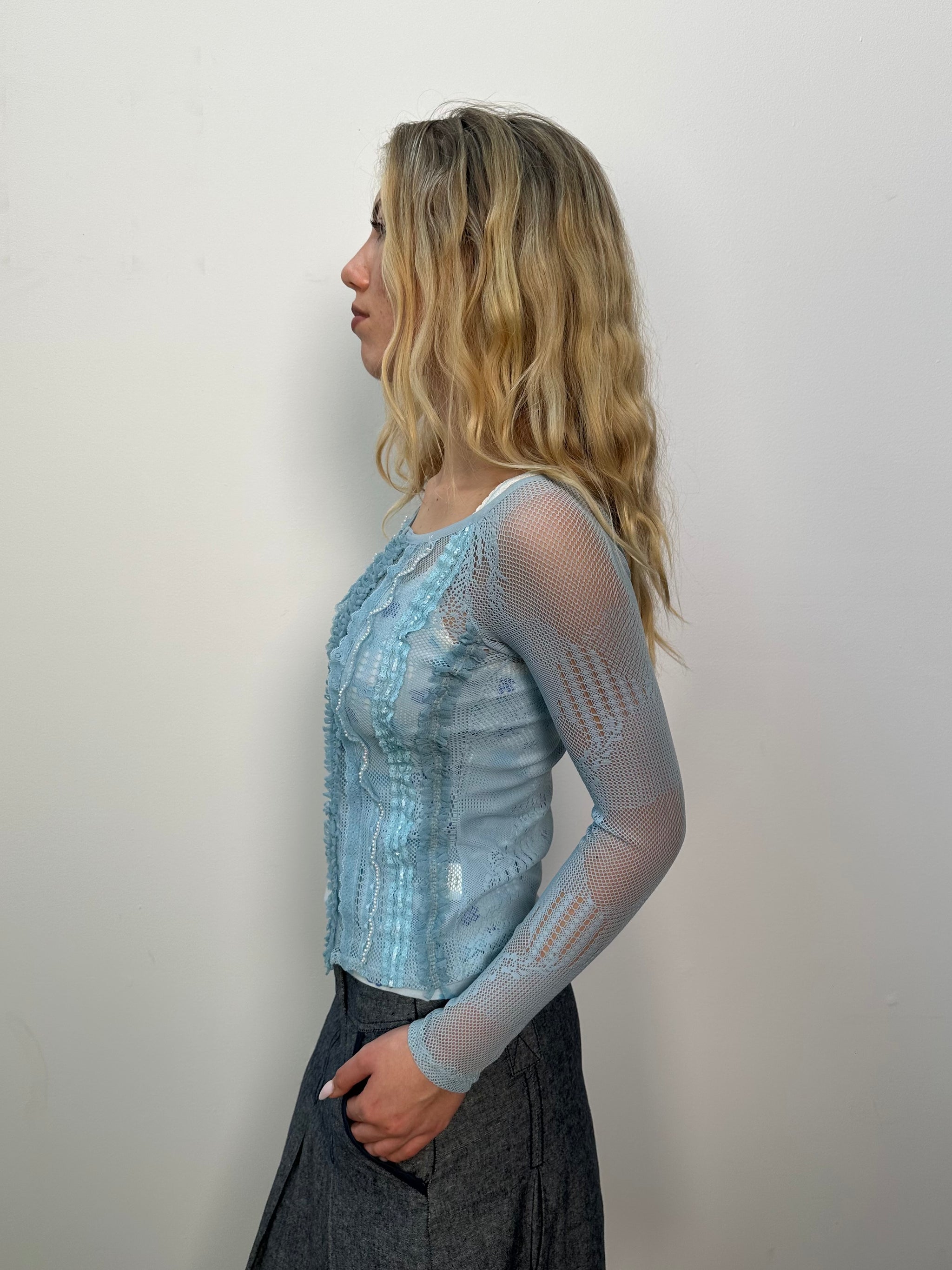 Baby Blue Lace Hook & Eye Cardigan - Size S