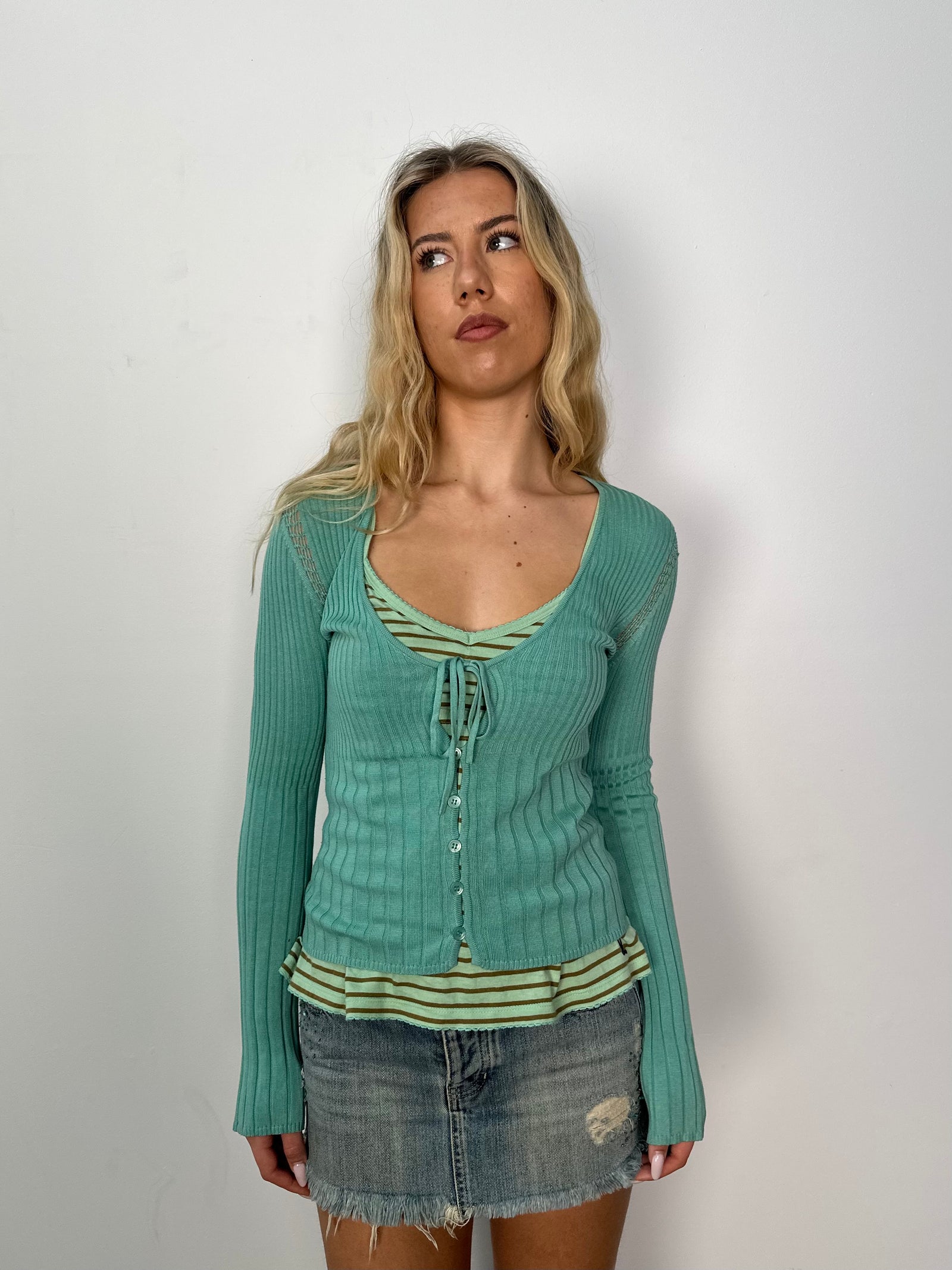 Turquoise Knitted Tie Up Cardigan - Size S