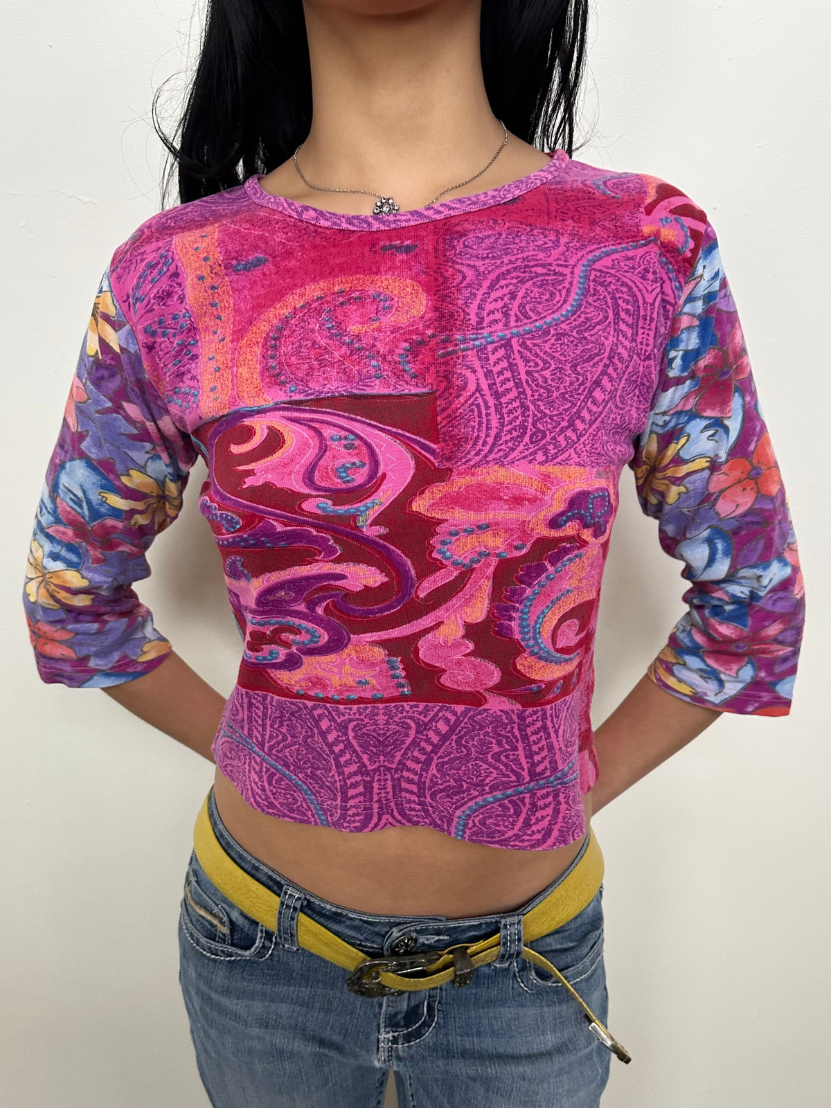 Hot Pink & Blue Graphic Print 3/4 Sleeves - Size M