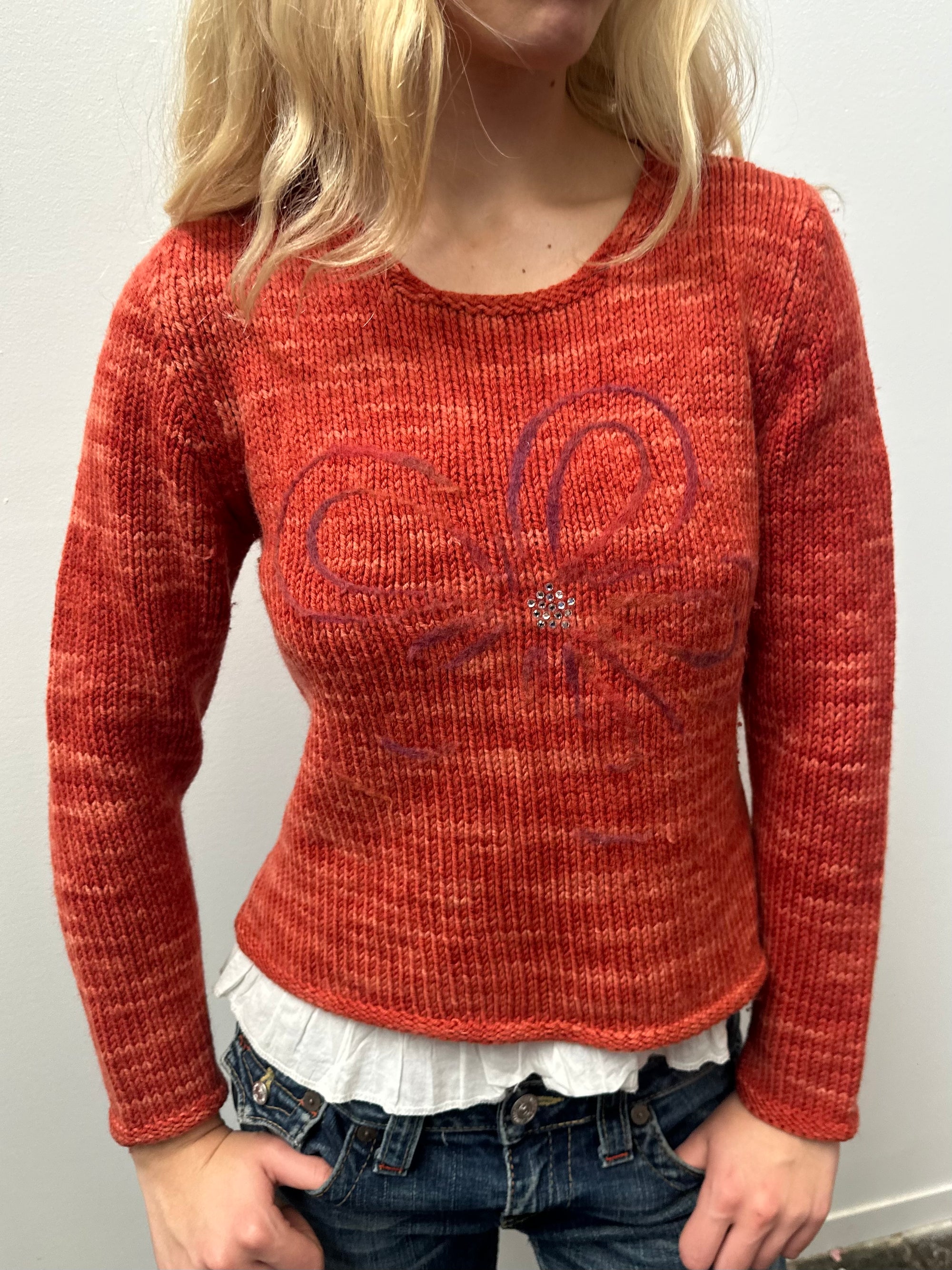 Orange Flower Print Knitted Jumper - Size M