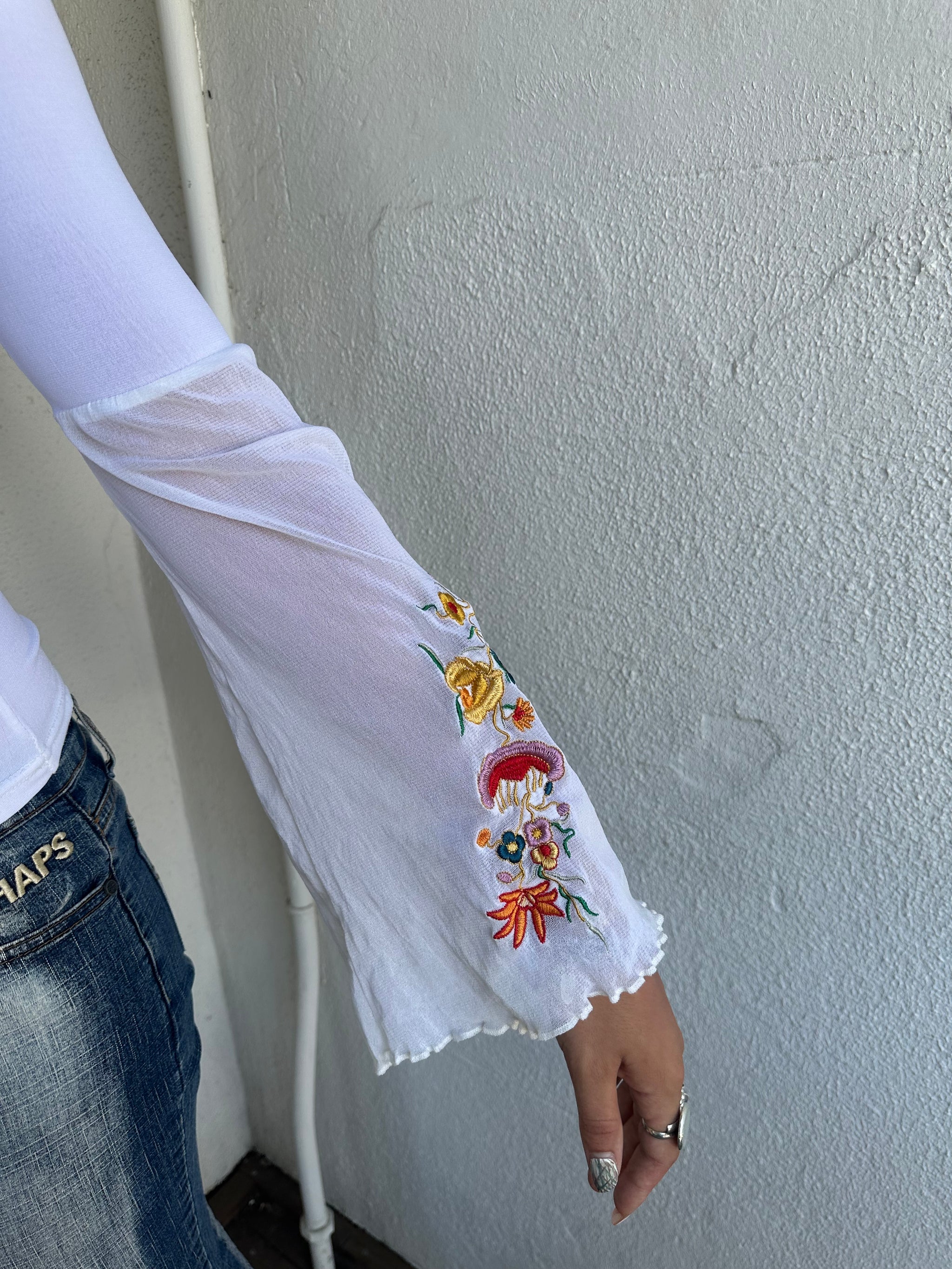 Boho White Embroidered Long Sleeve Top - Size M