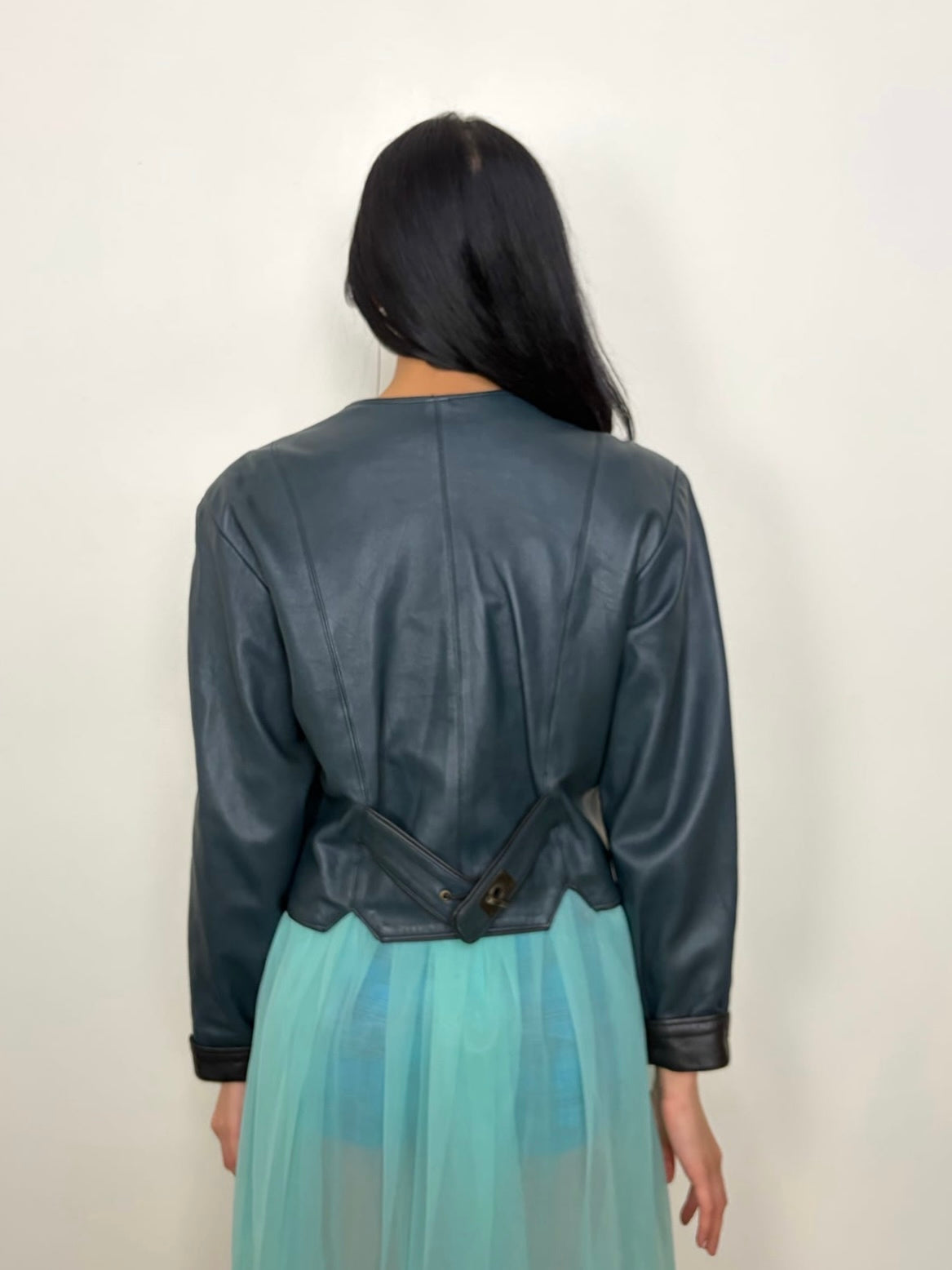 Teal Oversized Shape Leather Jacket - Size L