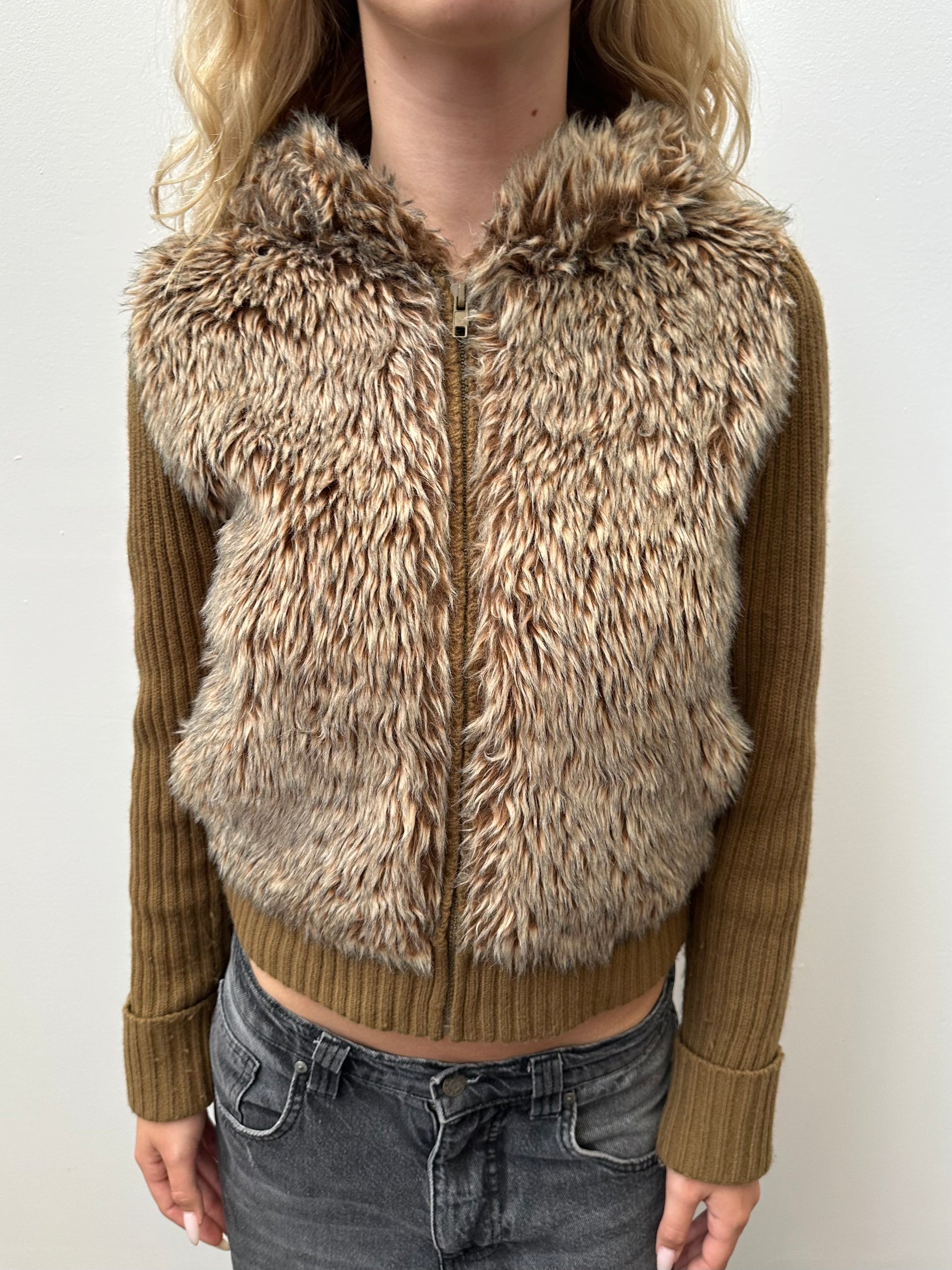 Light Brown Faux Fur Ribbed Hoodie - Size S/M