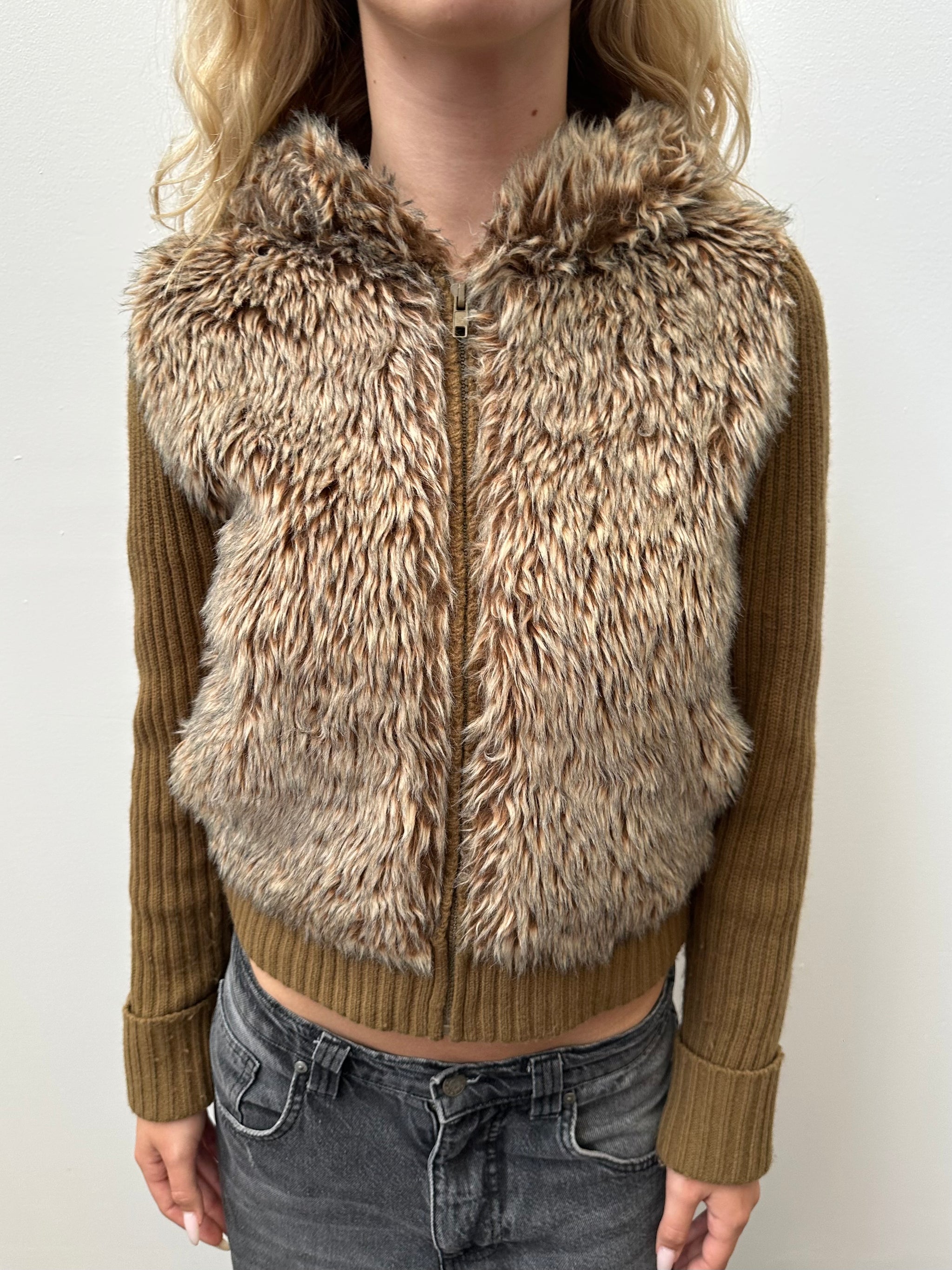 Light Brown Faux Fur Ribbed Hoodie - Size S/M