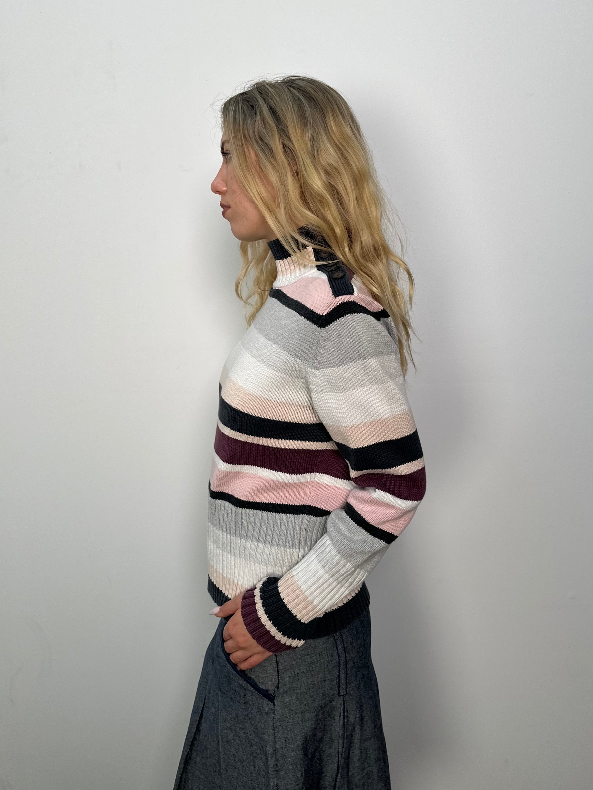 Esprit Pink & Grey Stripe Roll Neck Jumper - Size XL