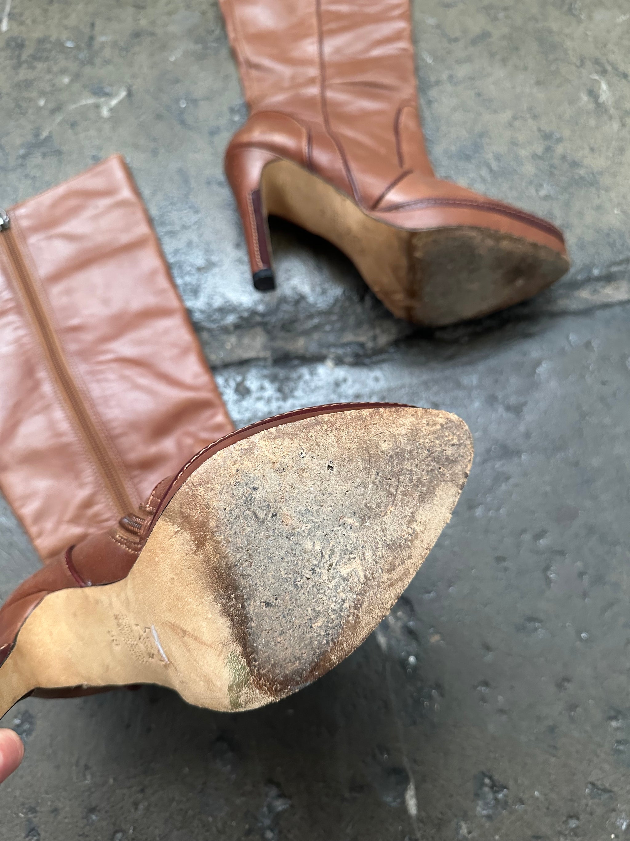 Brown Leather Stiletto Boots - Size 7