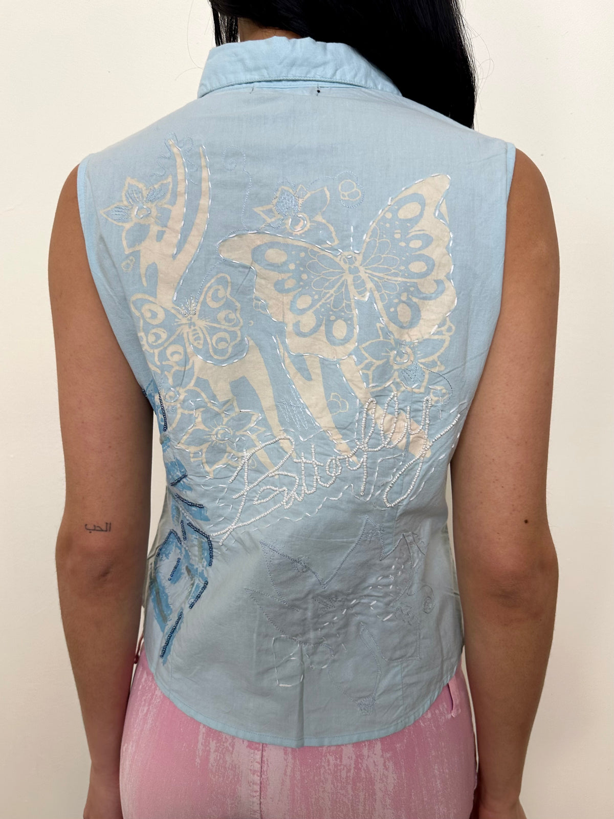 Deadstock Baby Blue Beaded Sleeveless Shirt - Size S
