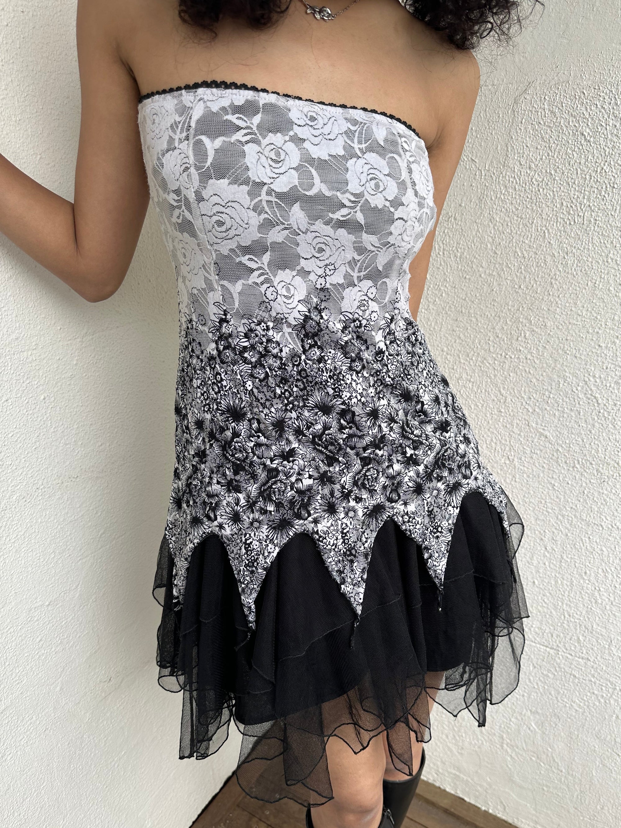 Black & White Lace Strapless Mini Dress - Size S