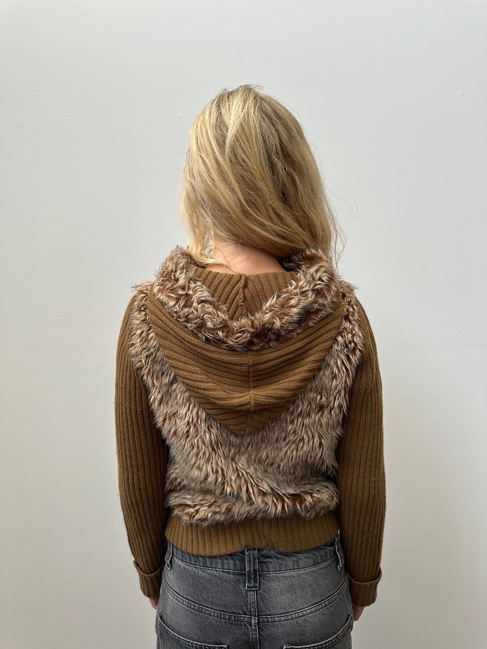 Light Brown Faux Fur Ribbed Hoodie - Size S/M