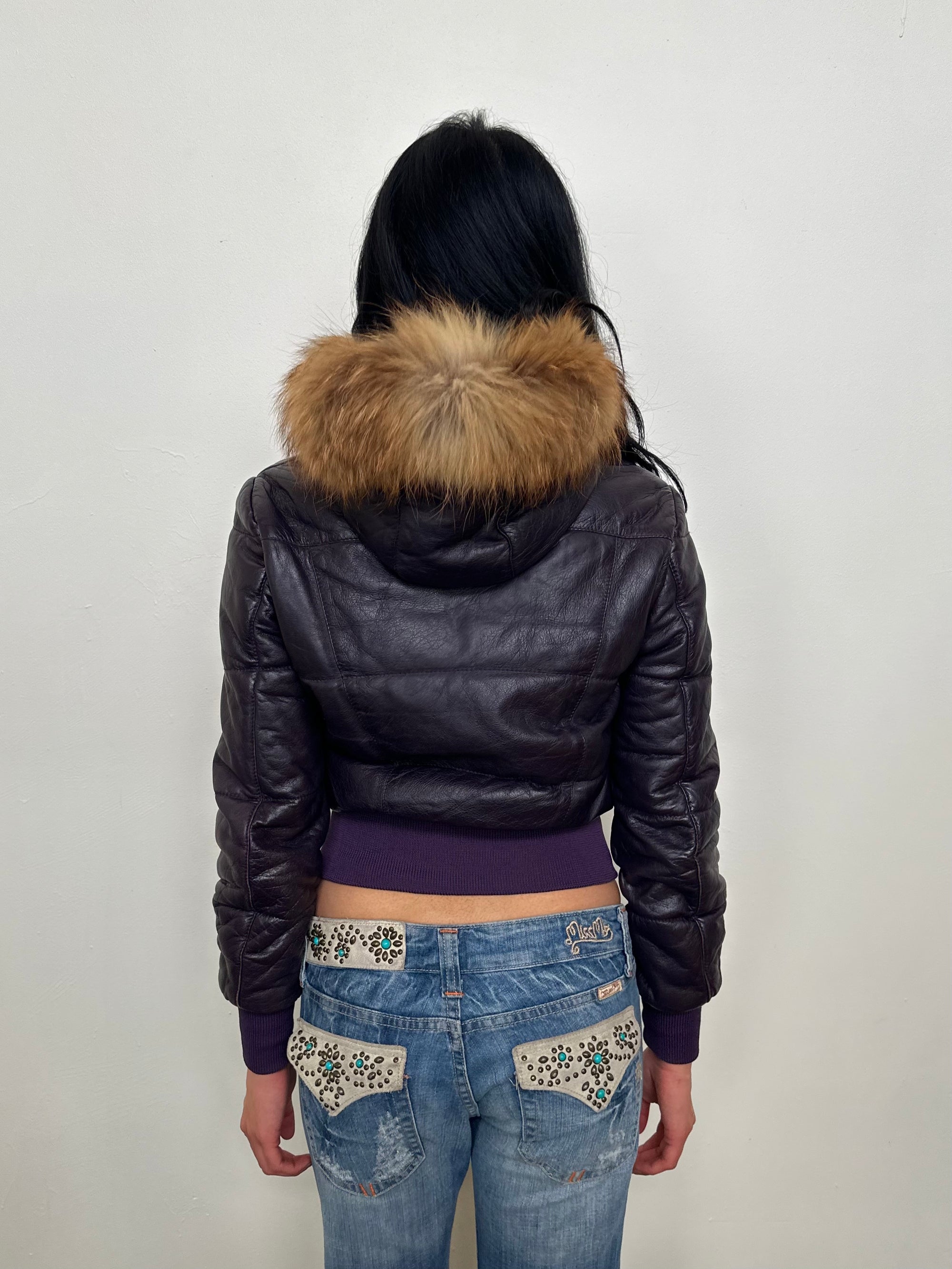 Guess Purple Leather Real Fur Hood Puffer Jacket - Size XS