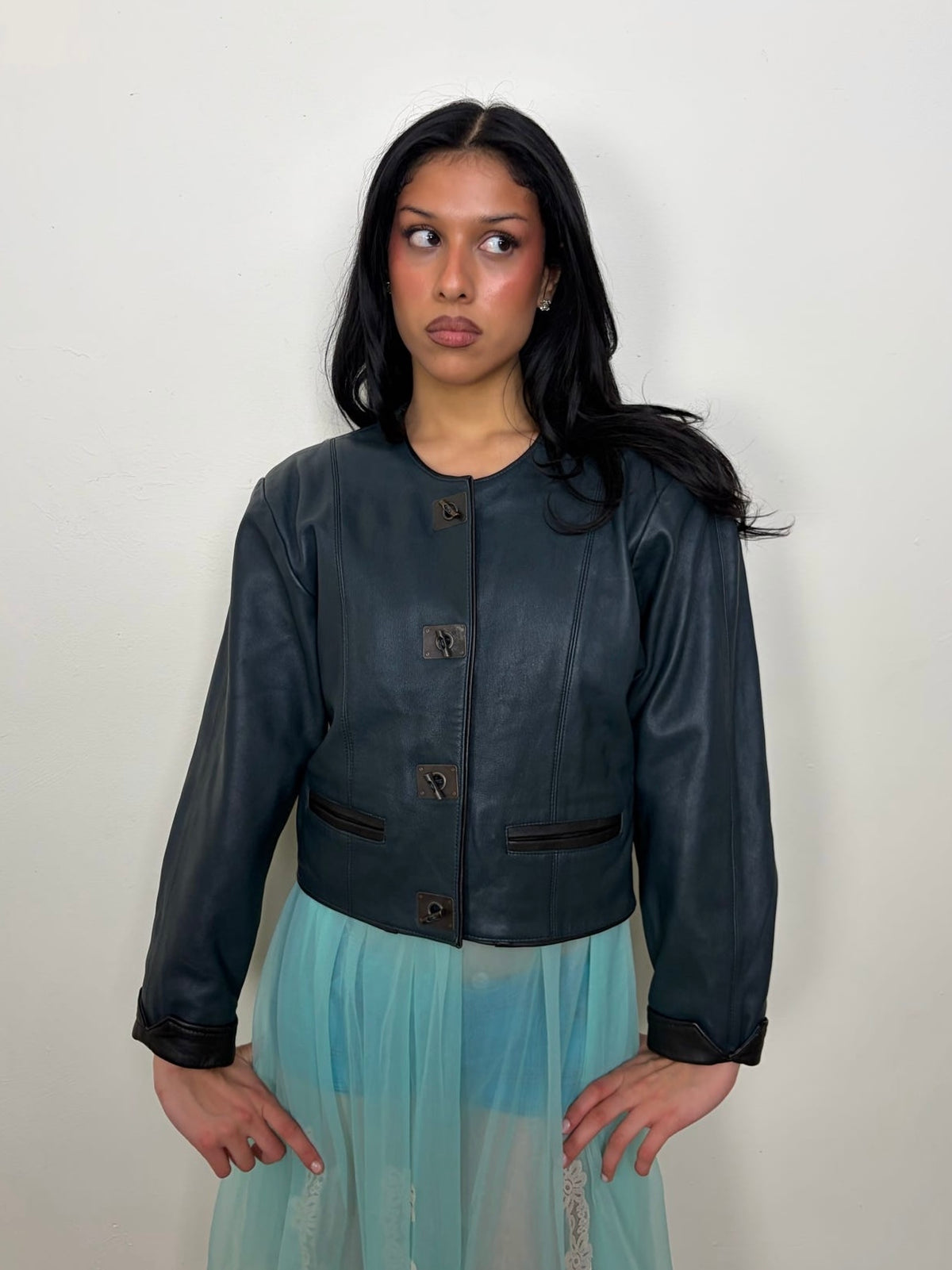 Teal Oversized Shape Leather Jacket - Size L