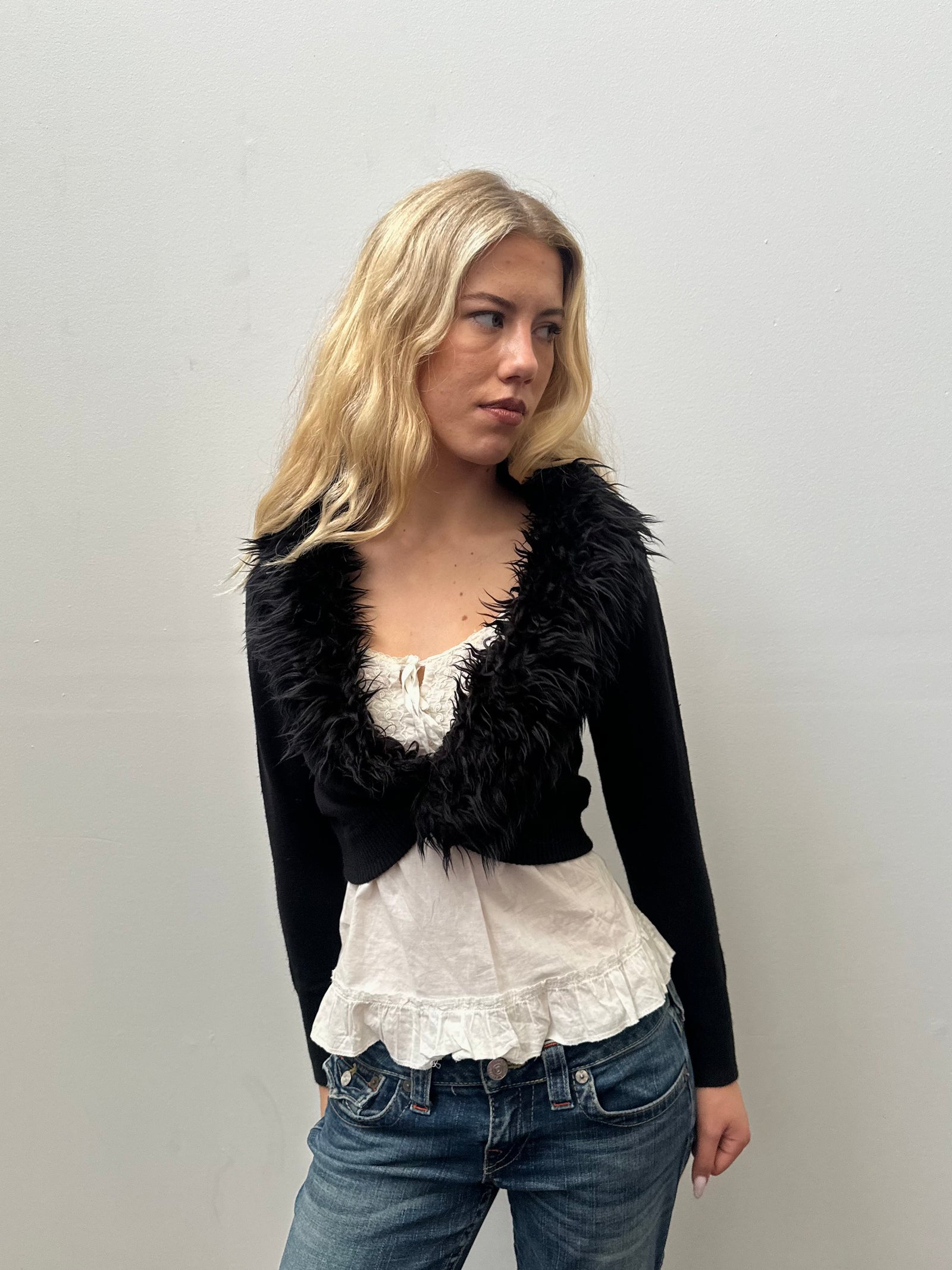 Black Faux Fur Collar Bolero Cardigan - Size S