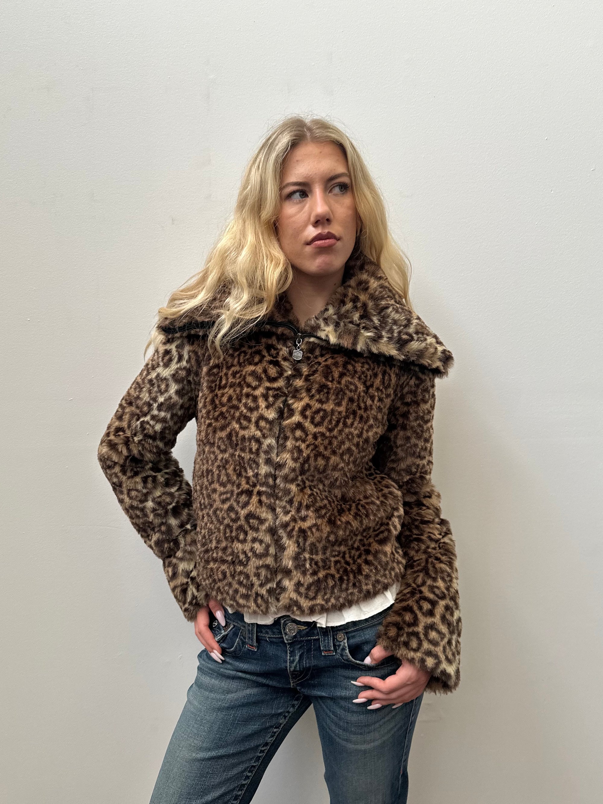 Leopard Print Faux Fur Jacket - Size M