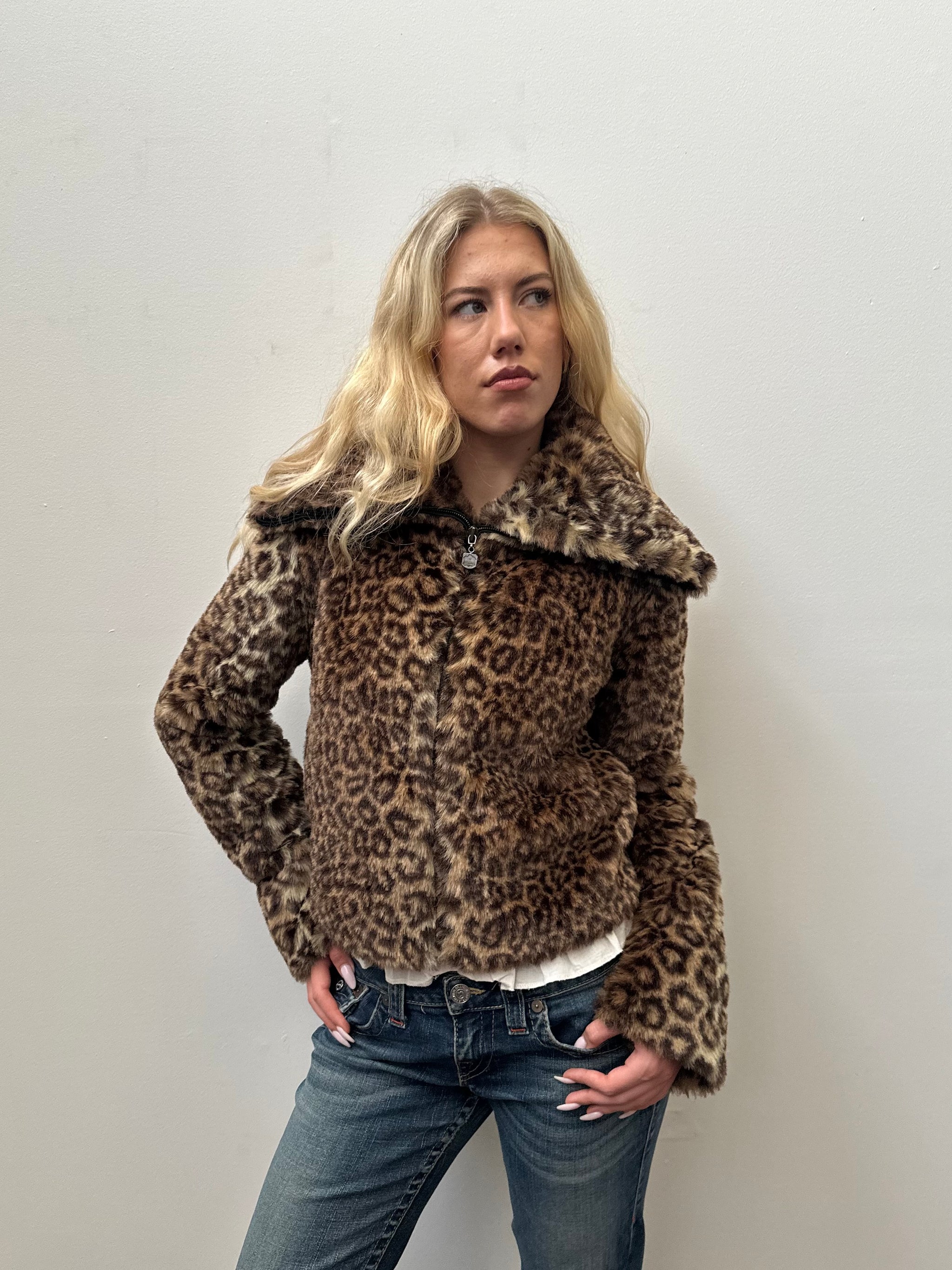 Leopard Print Faux Fur Jacket - Size M
