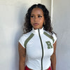 Sporty Y2K White & Green Zip T-Shirt - Size S