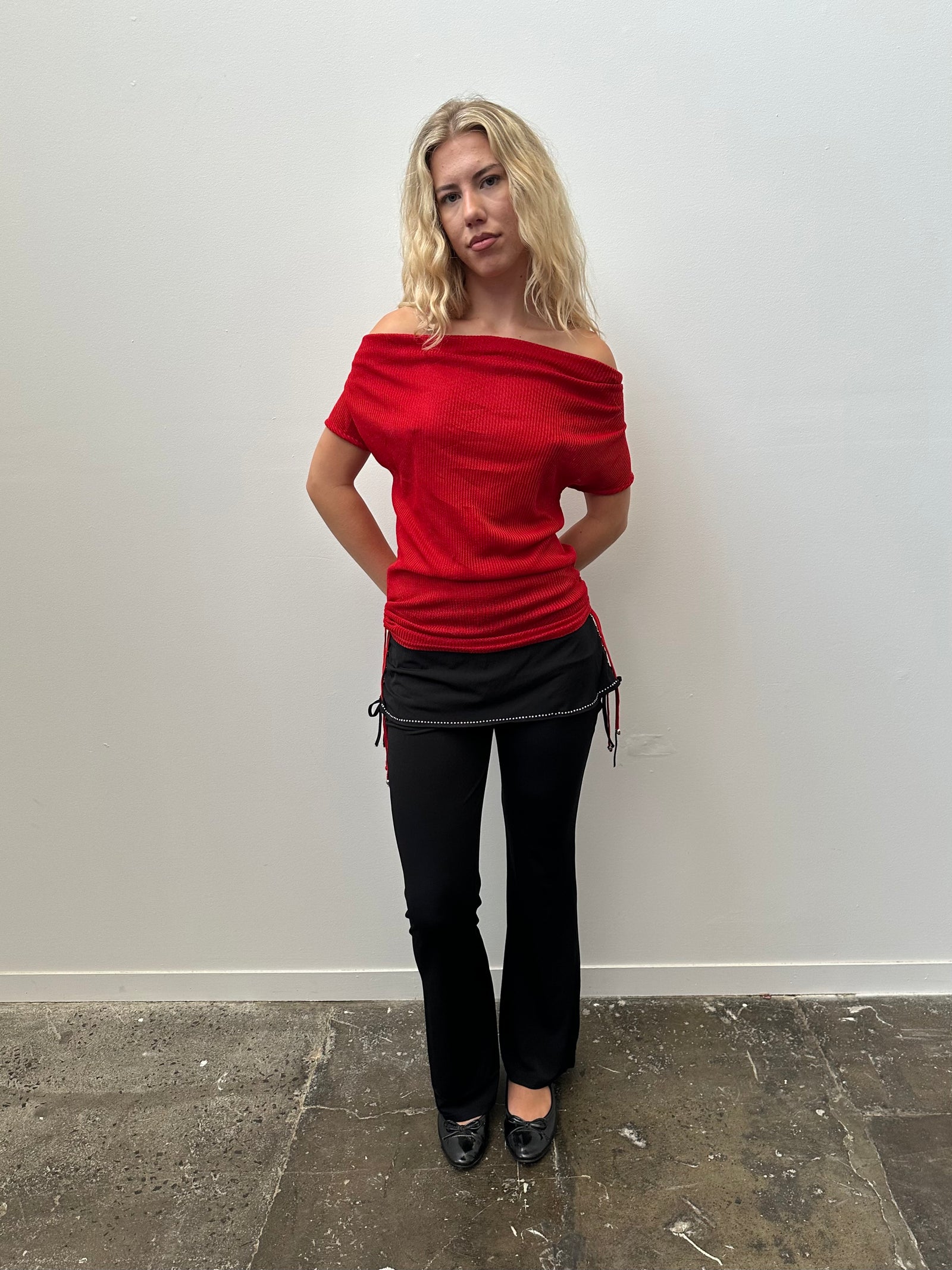 Red Off The Shoulder Longline Top - Size M