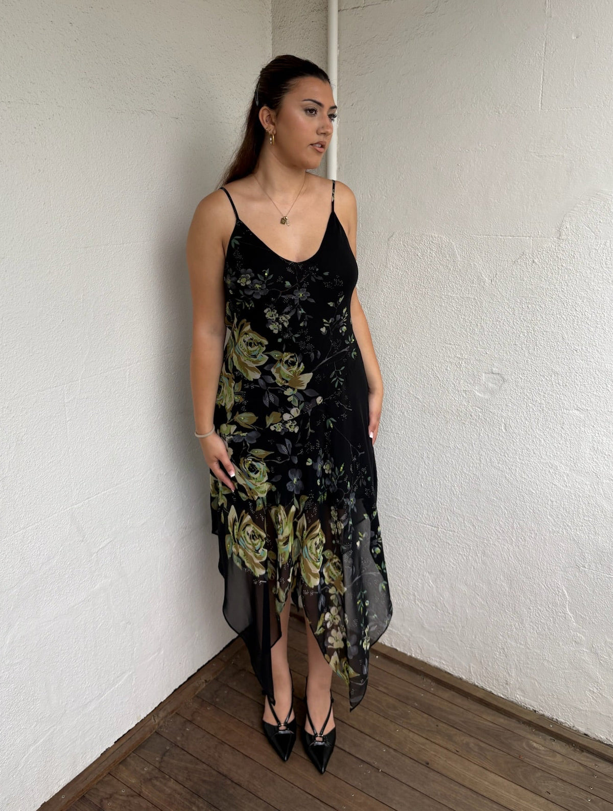 90s Black & Green Floral Maxi Dress - Size L