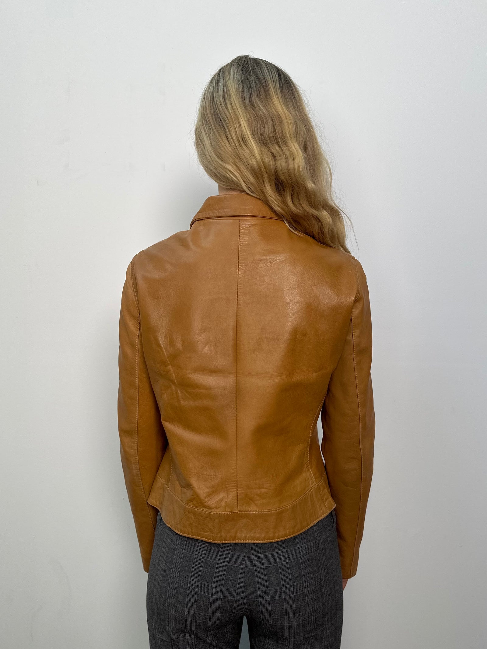 Tan Double Zip Leather Jacket - Size S