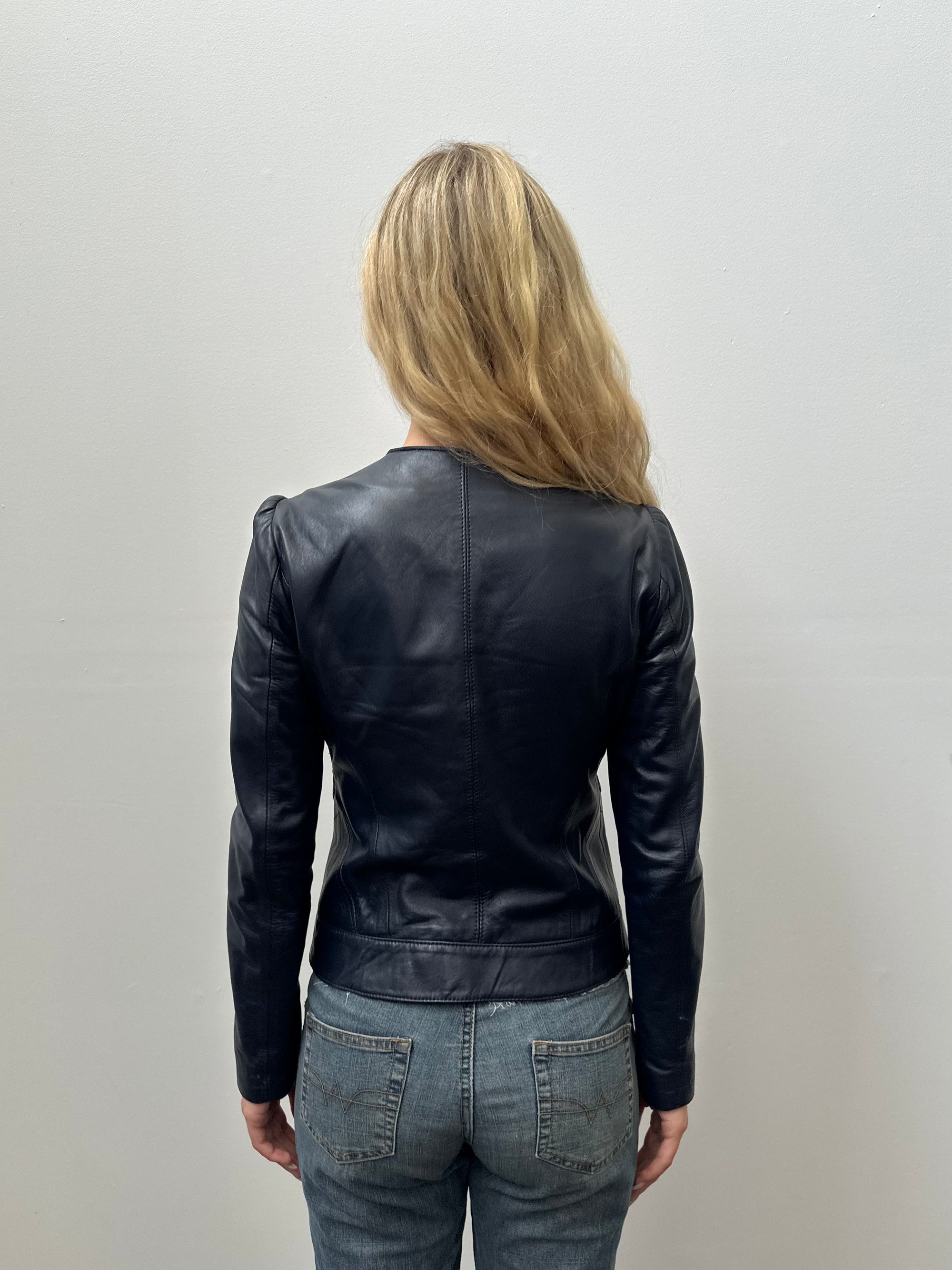 Navy Double Zip Fitted Leather Jacket - Size S