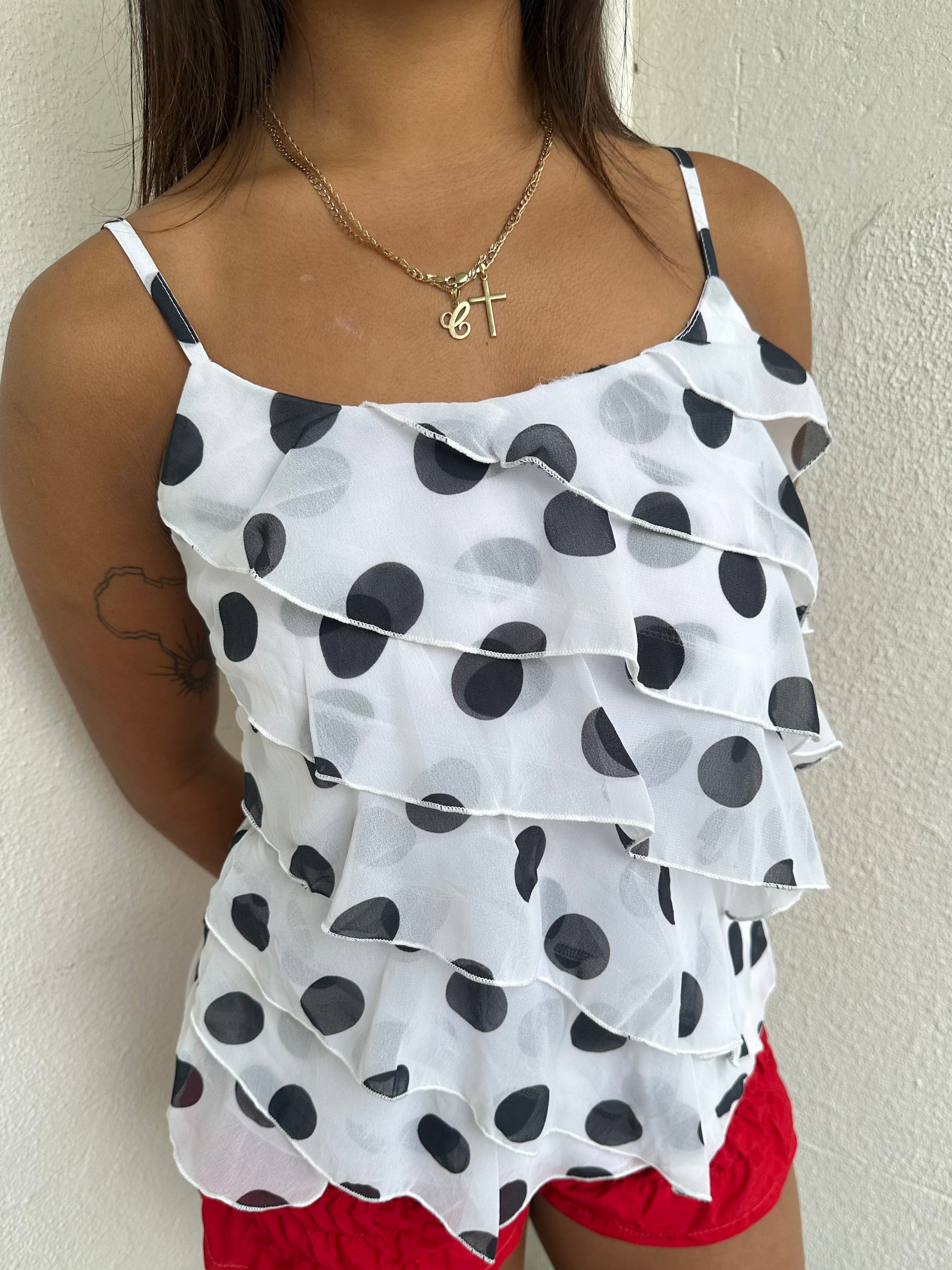 White & Black Polkadot Ruffle Top