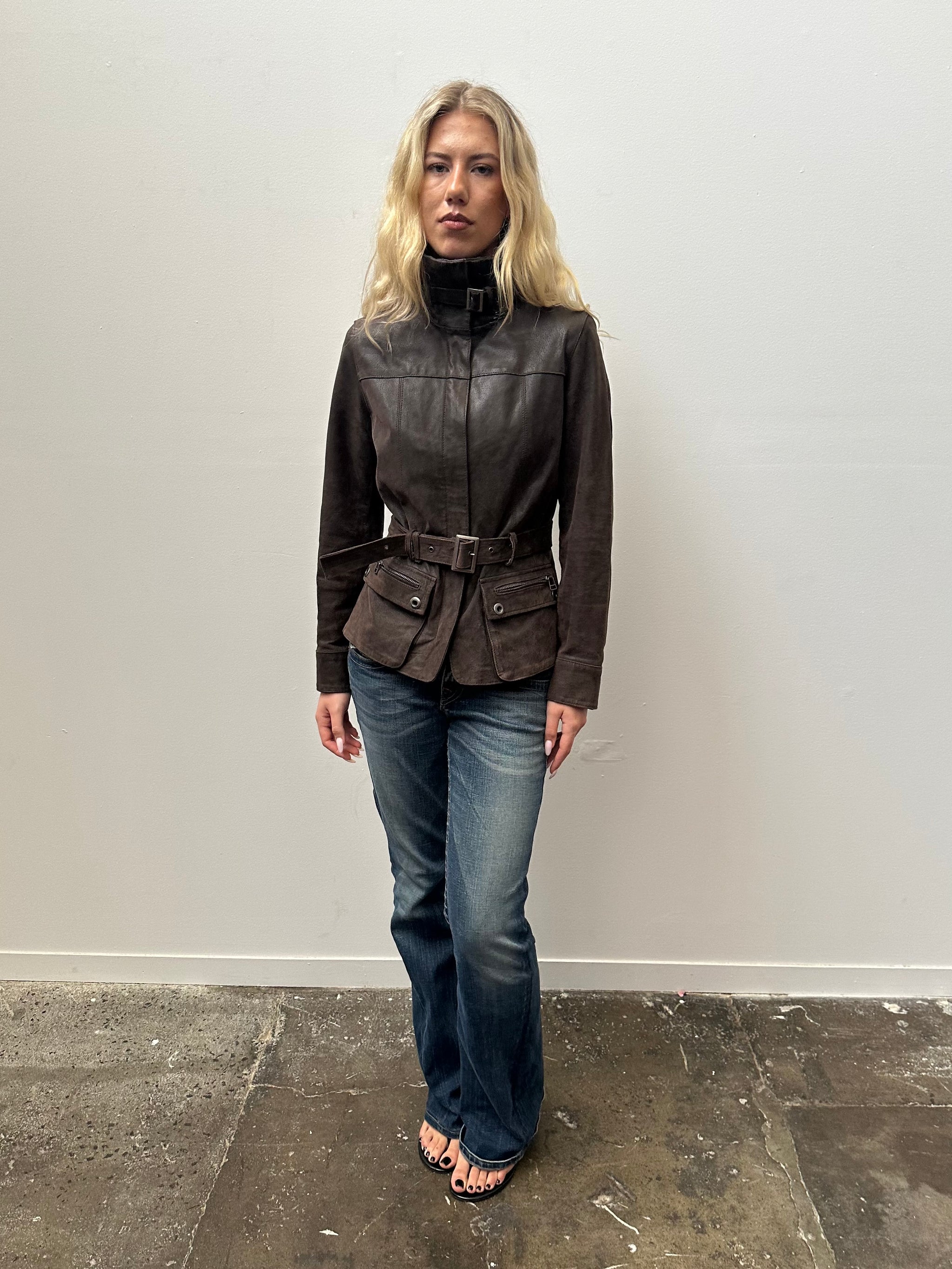 Chocolate Brown Leather Structured Jacket - Size M