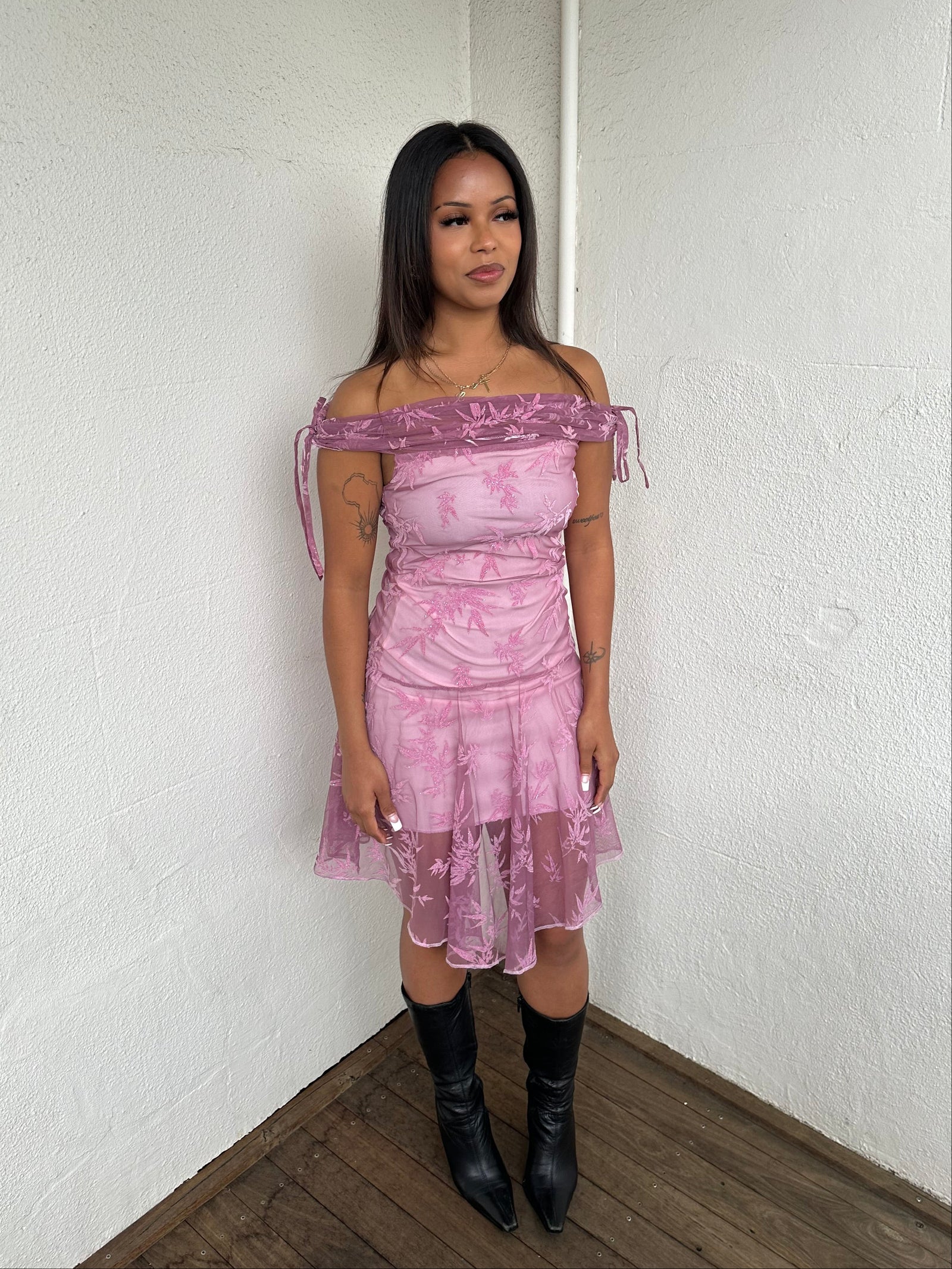 Pink Sparkly Off The Shoulder Dress