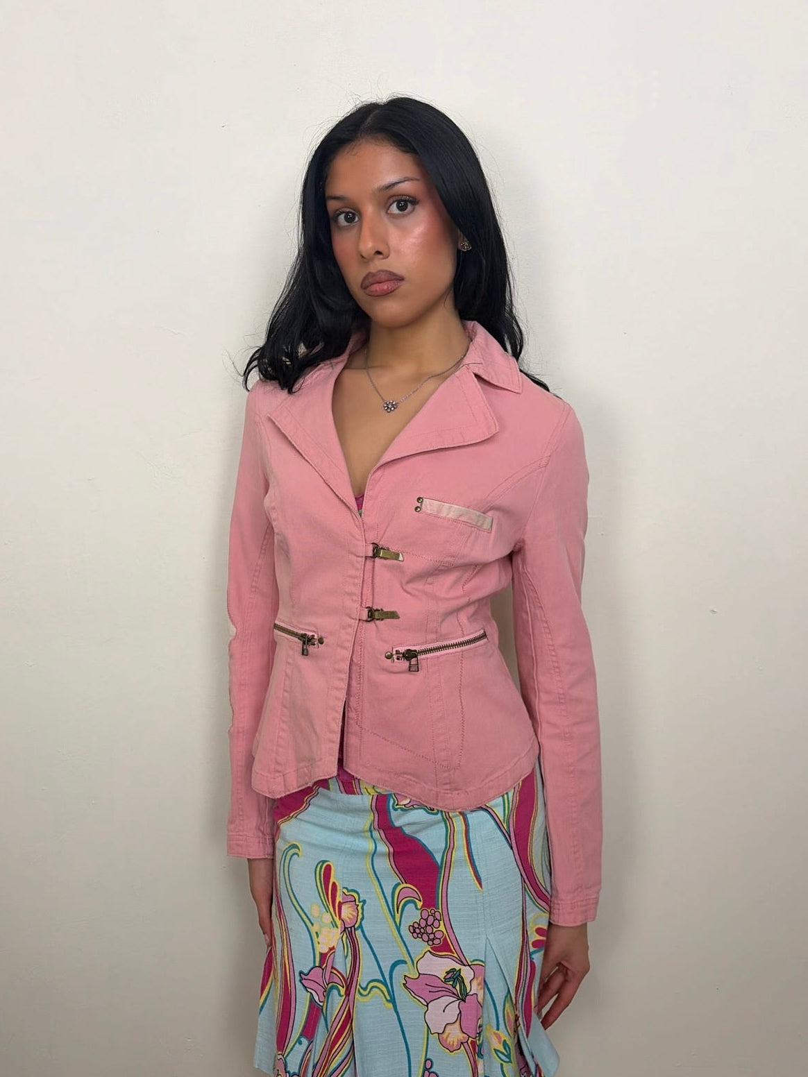 Pink Structured Denim Blazer - Size S