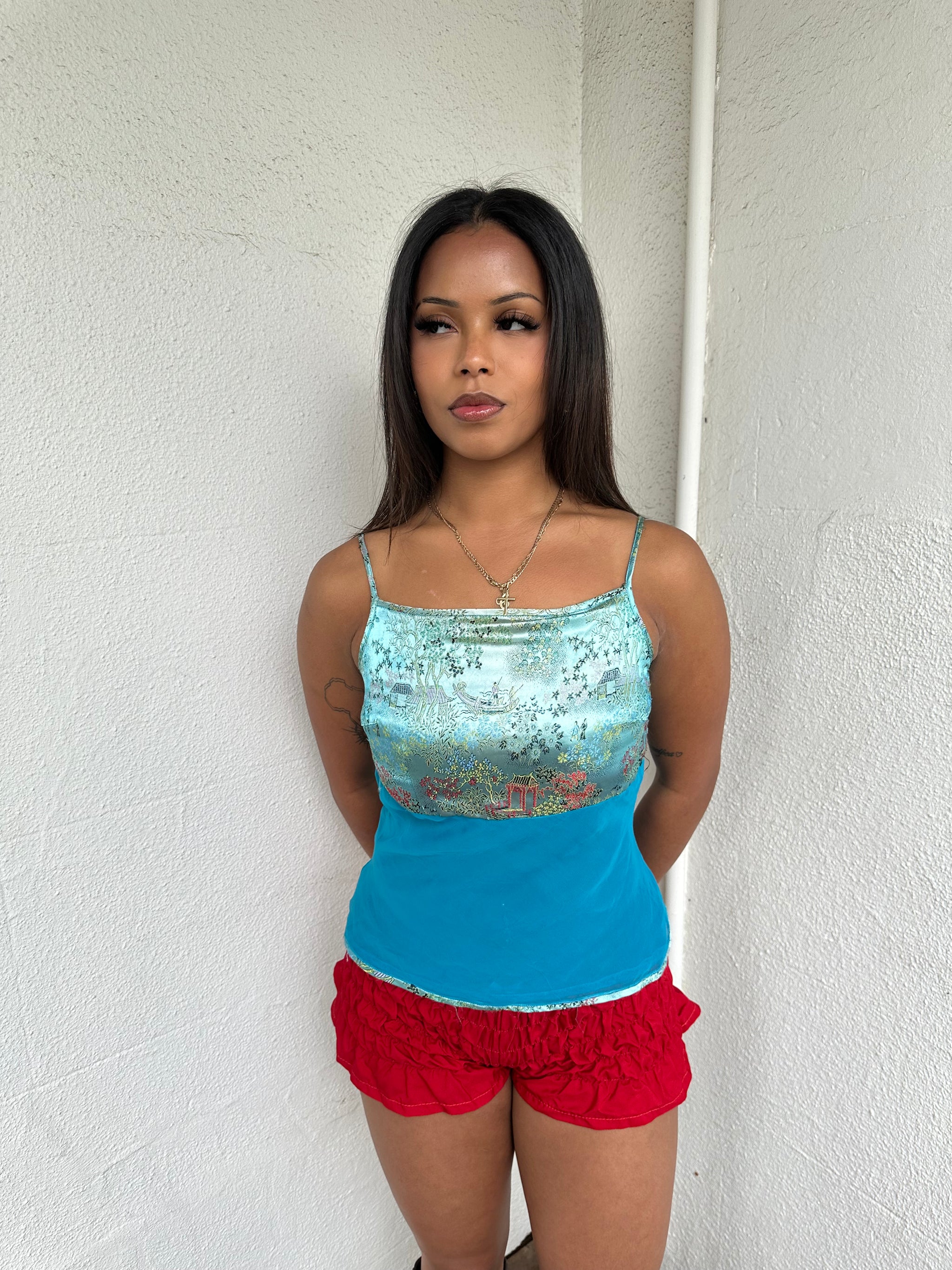 Turquoise Patterned Satin Cami Top