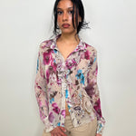 Beige & Purple Floral Ruffle Blouse - Size M