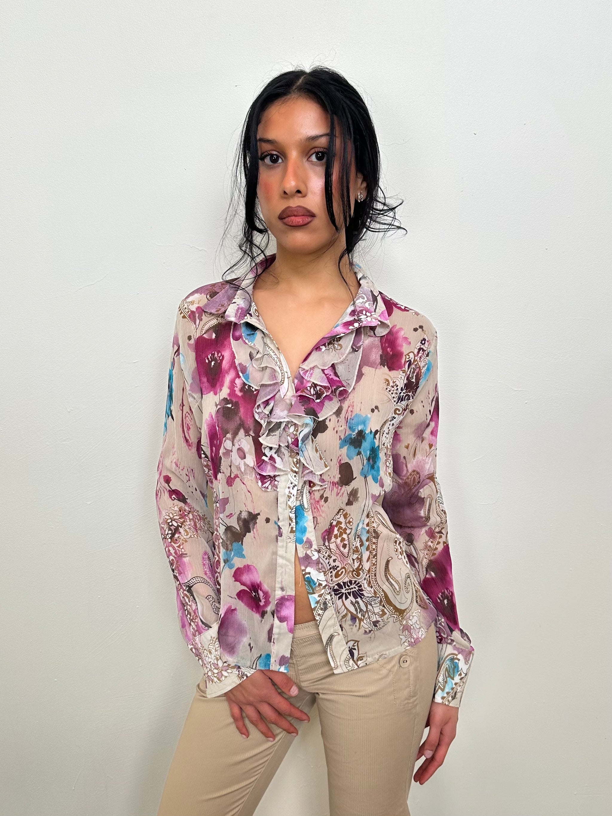 Beige & Purple Floral Ruffle Blouse - Size M