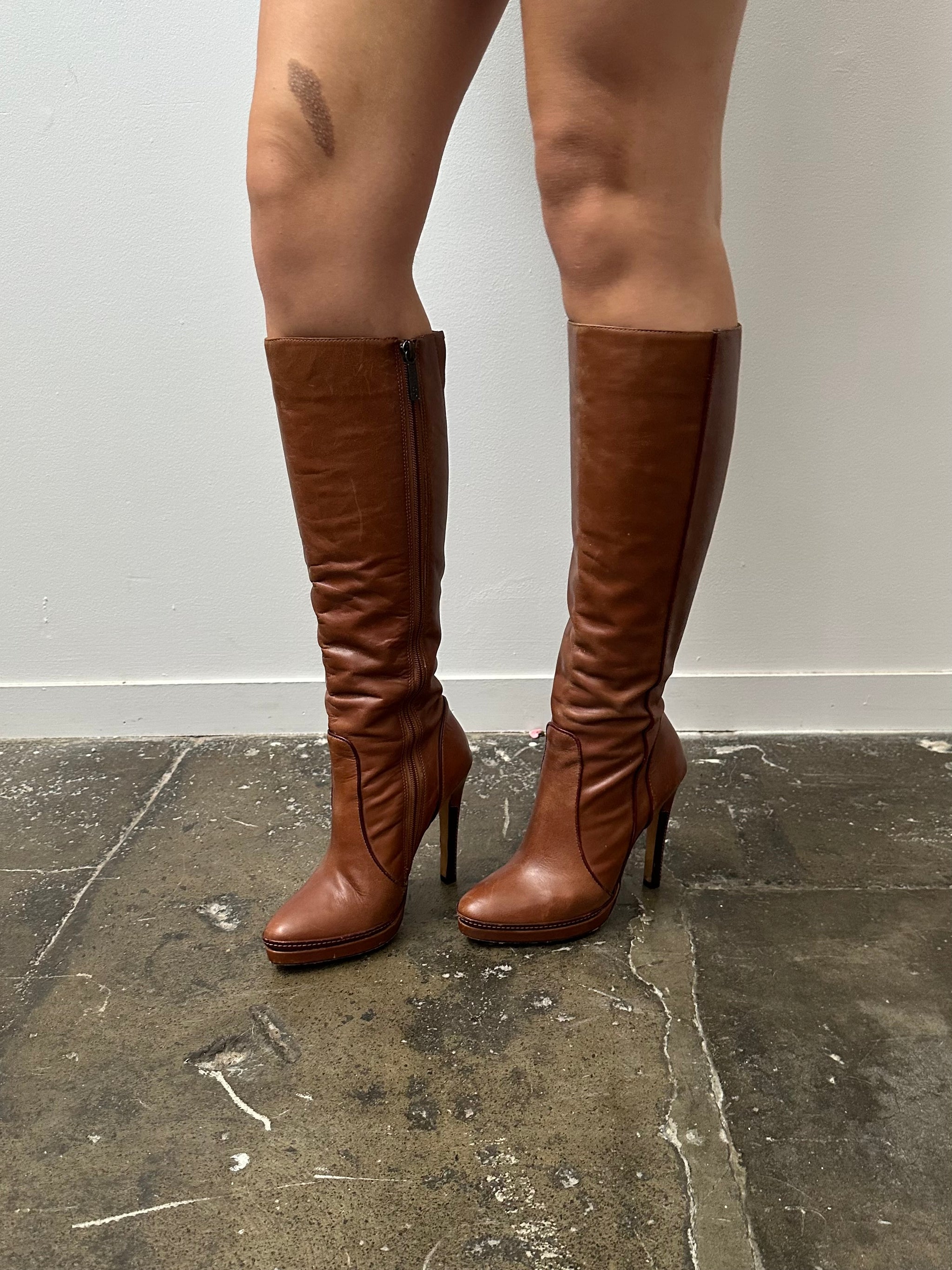 Brown Leather Stiletto Boots - Size 7