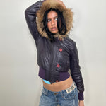 Guess Purple Leather Real Fur Hood Puffer Jacket - Size XS