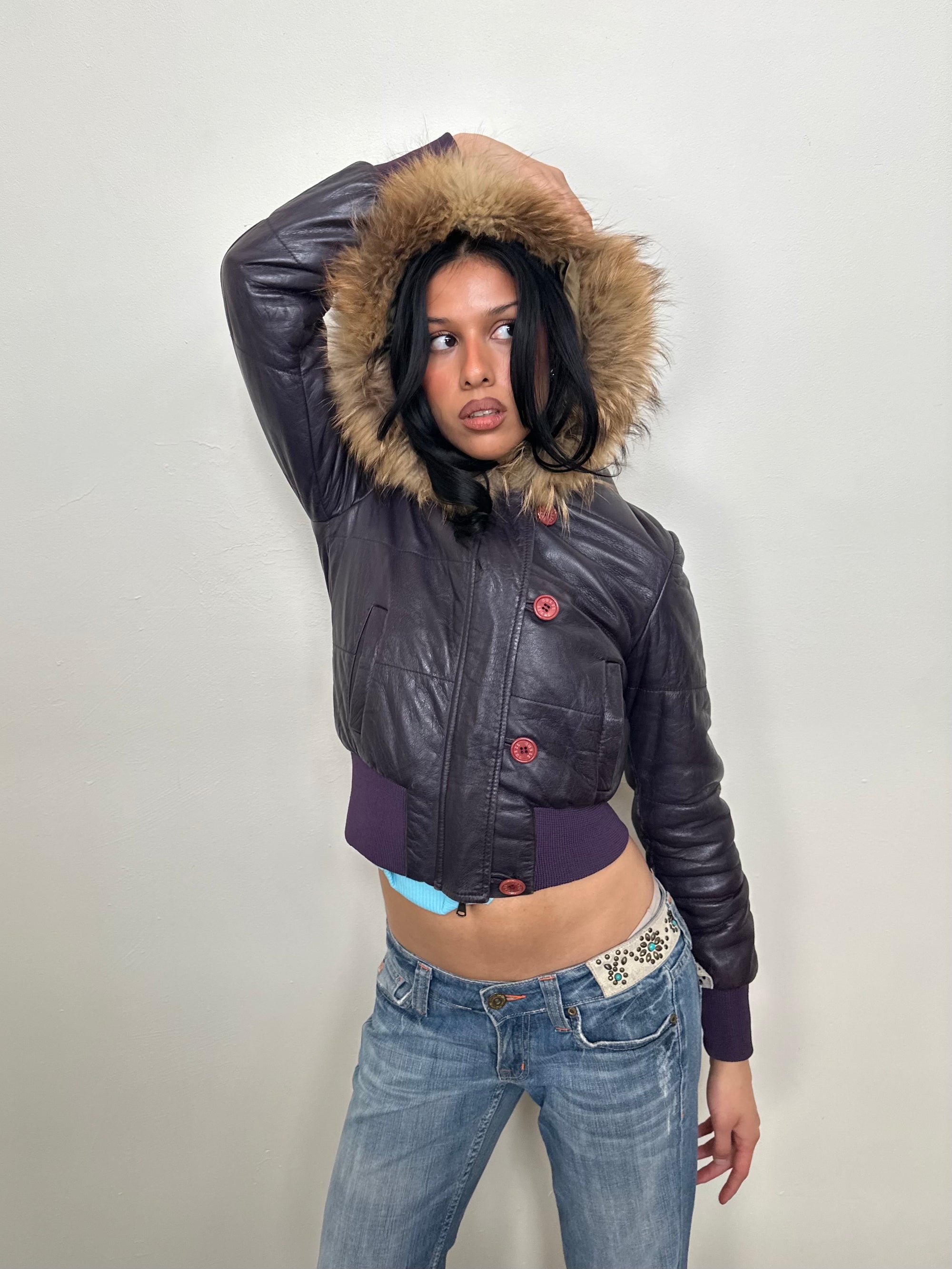 Guess Purple Leather Real Fur Hood Puffer Jacket - Size XS