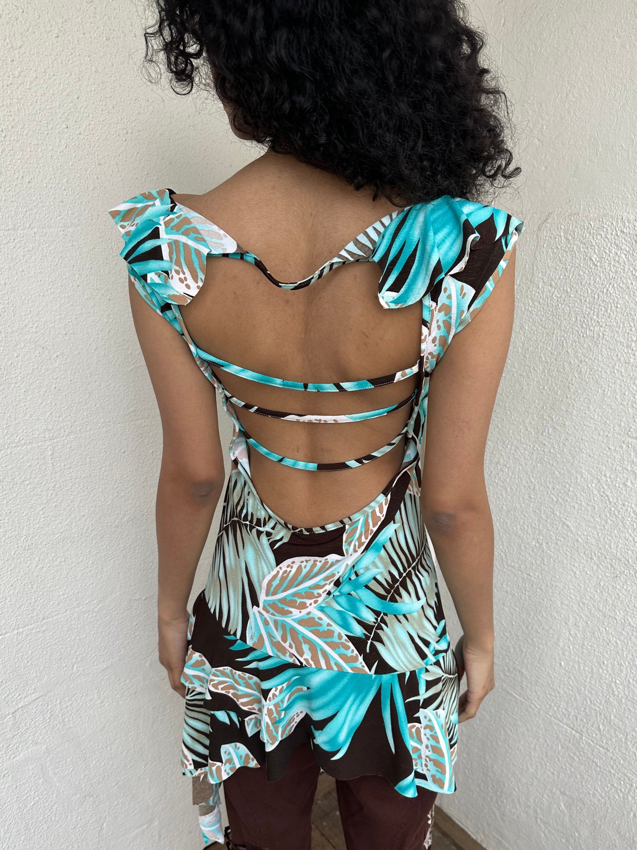 Aqua & Brown Tropical Print Backless Mini Dress - Size M