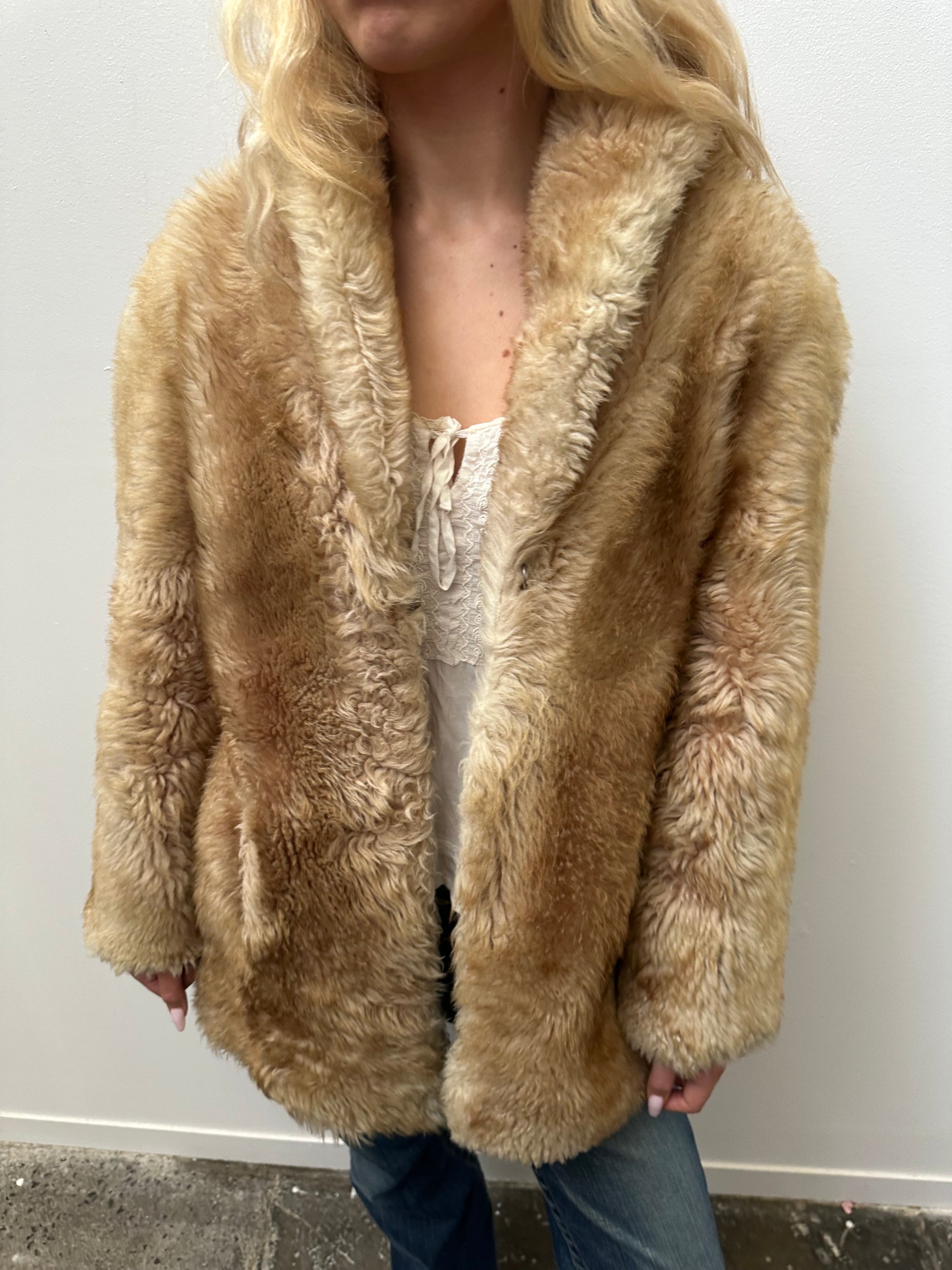 Tan Real Fur Coat - Size L