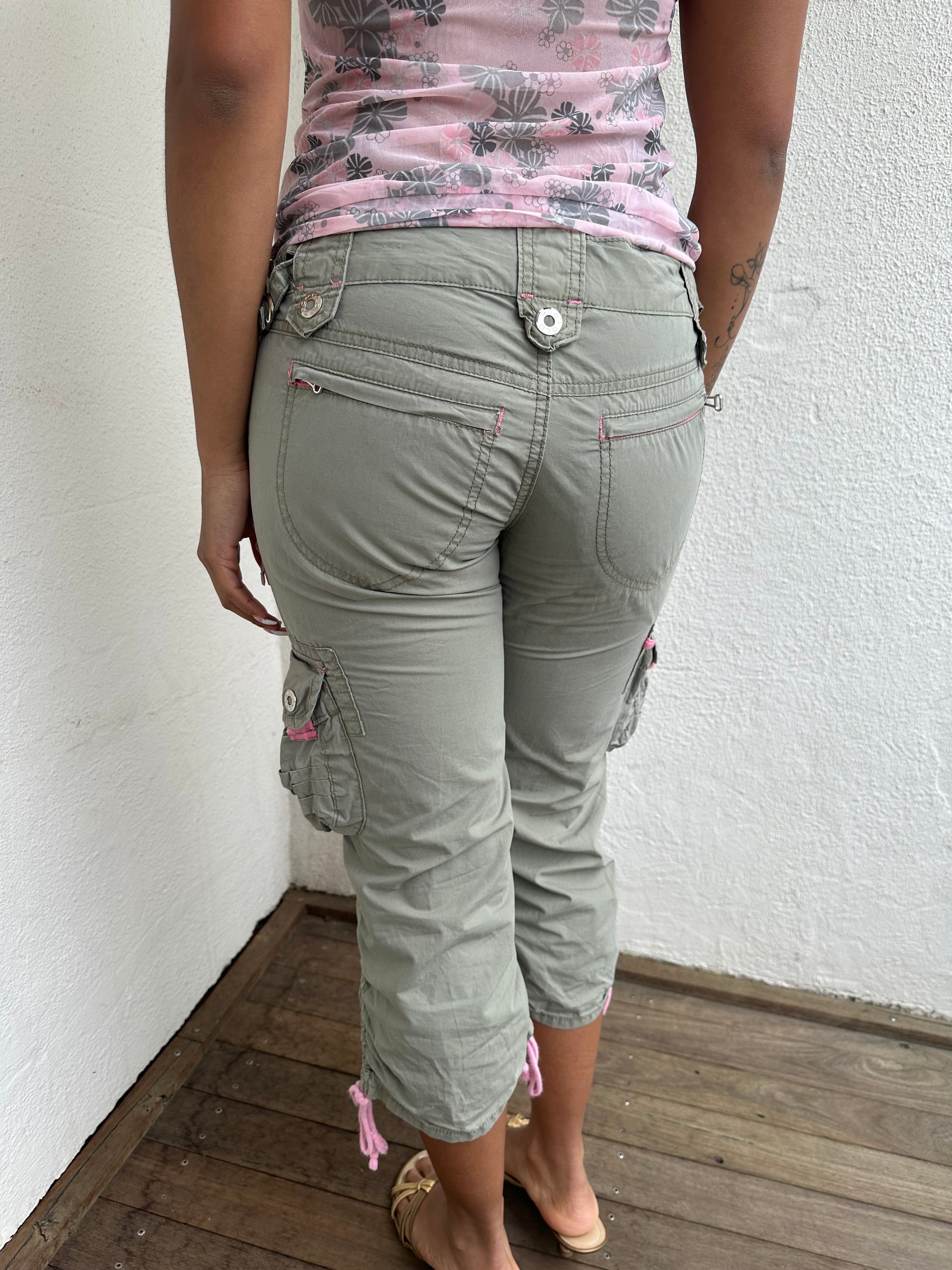 Khaki & Pink Cargo Capri Pants