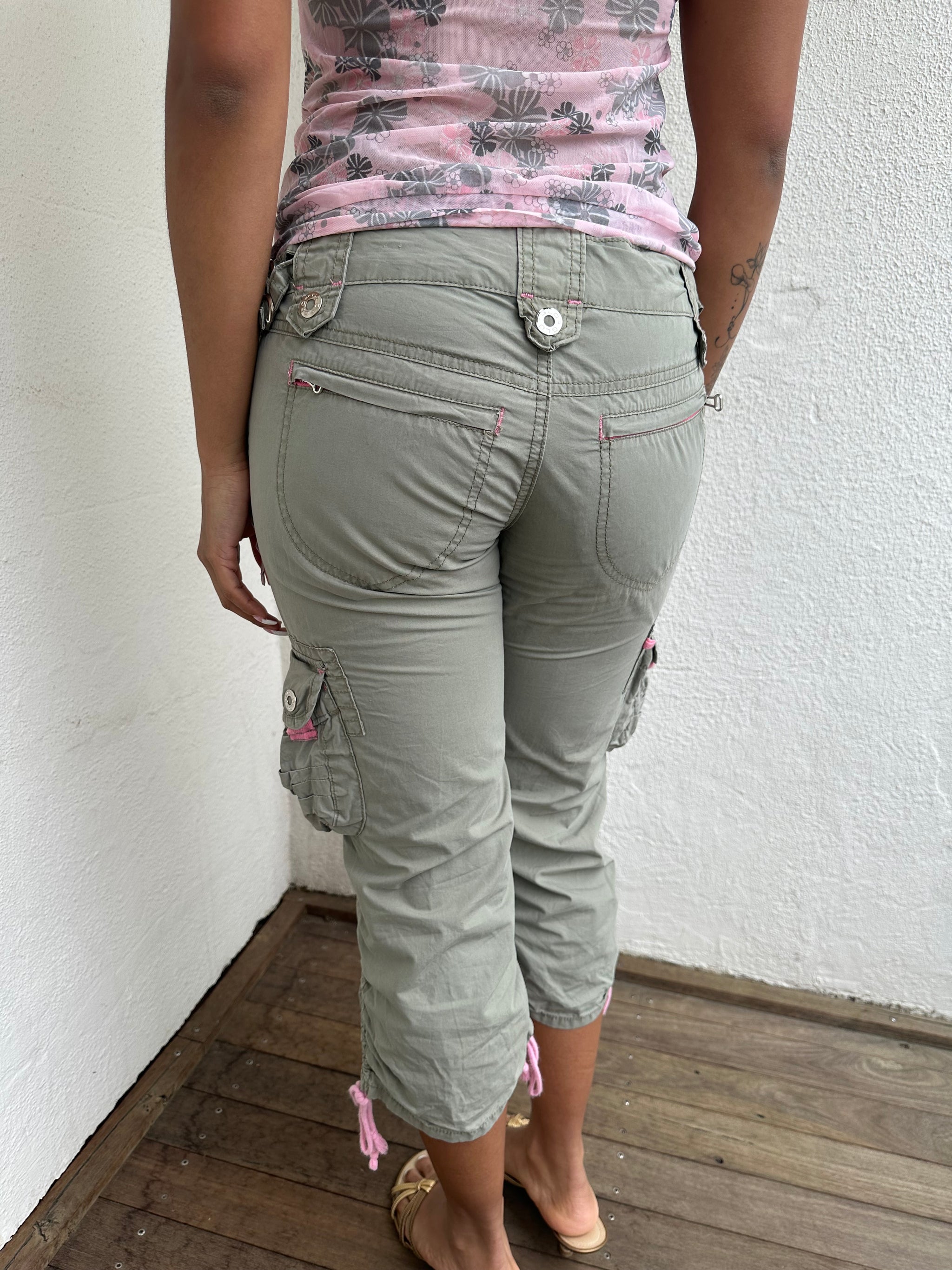 Khaki & Pink Cargo Capri Pants