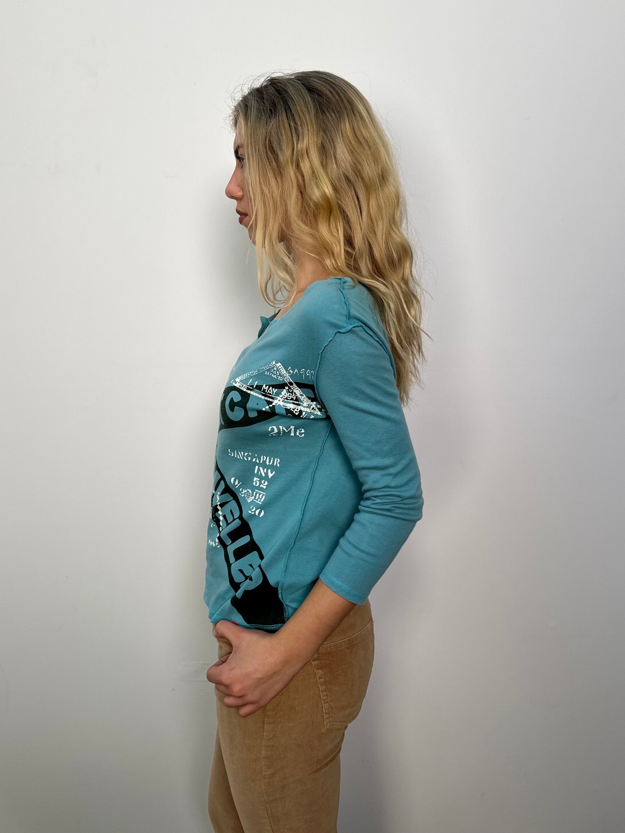 Mid Blue Graphic Print 3/4 Sleeve Top - Size M